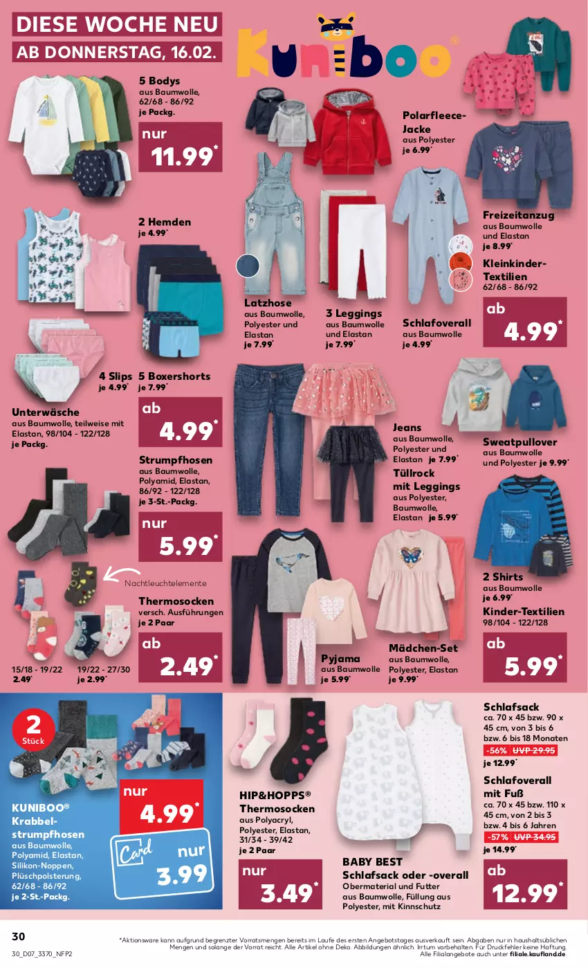 Aktueller Prospekt Kaufland - von 16.02 bis 22.02.2023 - strona 30 - produkty: angebot, angebote, Anzug, Bau, baumwolle, body, eis, ente, Fleecejacke, gin, hemd, hemden, hose, hosen, HP, Jacke, jeans, Kinder, Latzhose, leggings, Leuchte, Overall, Plüsch, Pullover, Pyjama, Ria, rum, sac, schlafsack, shirt, shirts, shorts, slip, slips, socken, Strumpfhose, Ti, Unterwäsche, wolle, ZTE