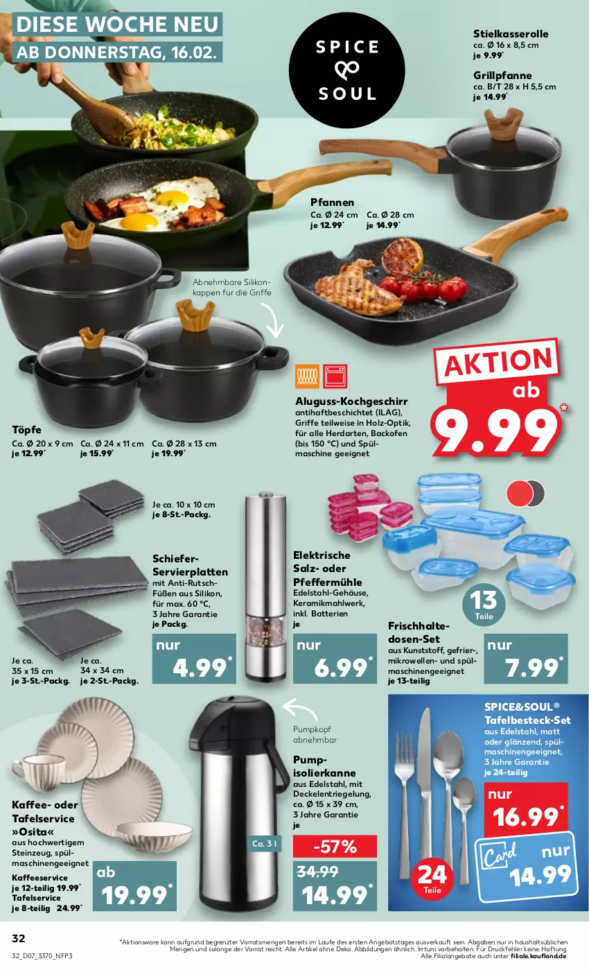 Aktueller Prospekt Kaufland - von 16.02 bis 22.02.2023 - strona 32 - produkty: angebot, angebote, backofen, batterie, batterien, besteck, besteck-set, decke, Deckel, edelstahl, eis, elle, frischhaltedosen, geschirr, grill, Grillpfanne, herdarten, Holz, ilag, isolierkanne, kaffee, latte, mikrowelle, Ofen, pfanne, pfannen, pfeffer, Pfeffermühle, riegel, salz, Servierplatten, spülmaschinen, stielkasserolle, Ti, ZTE