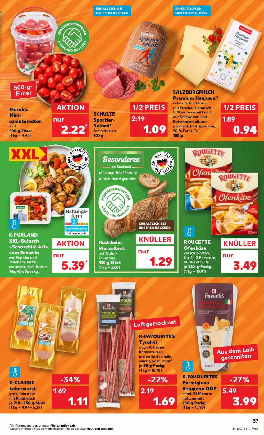 Aktueller Prospekt Kaufland - von 16.02 bis 22.02.2023 - strona 37 - produkty: angebot, angebote, auer, braten, brot, eimer, eis, fleisch, gulasch, Heu, Heujuwel, heumilch, Kalbfleisch, Kamin, Kaminwurz, Käse, leberwurst, milch, mit kalbfleisch, mit paprika, natur, Ofen, Ofenkäse, paprika, parmigiano, parmigiano reggiano, purland, reggiano, reis, Romatomaten, rouge, rougette, salami, salz, SalzburgMilch, schnittkäse, schwein, Sport, Ti, tomate, tomaten, wasser, wein, wurst, zwiebel, zwiebeln