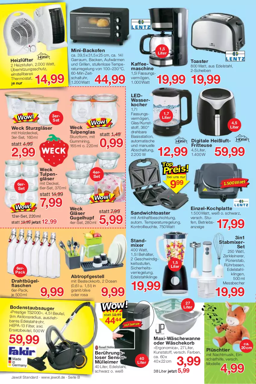 Aktueller Prospekt Jawoll - Prospekte - von 05.09 bis 10.09.2022 - strona 6 - produkty: auto, backofen, Becher, Behälter, besteck, beutel, bodenstaubsauger, bügel, bügelflasche, decke, Deckel, dell, Draht, edelstahl, eimer, elle, flasche, fritteuse, garraum, Gläser, grill, Heißluftfritteuse, Holz, HP, kaffee, kaffeemaschine, Kocher, korb, latte, leimer, leine, Leuchte, Messbecher, Mixer, Mode, Ofen, olive, Plüsch, riegel, ring, sandwich, Schal, stabmixer, standmixer, staubsauger, thermostat, Ti, tisch, toast, toaster, überhitzungsschutz, uhr, Wanne, wäschekorb, wasser, wasserkocher, weck, Zerkleinerer