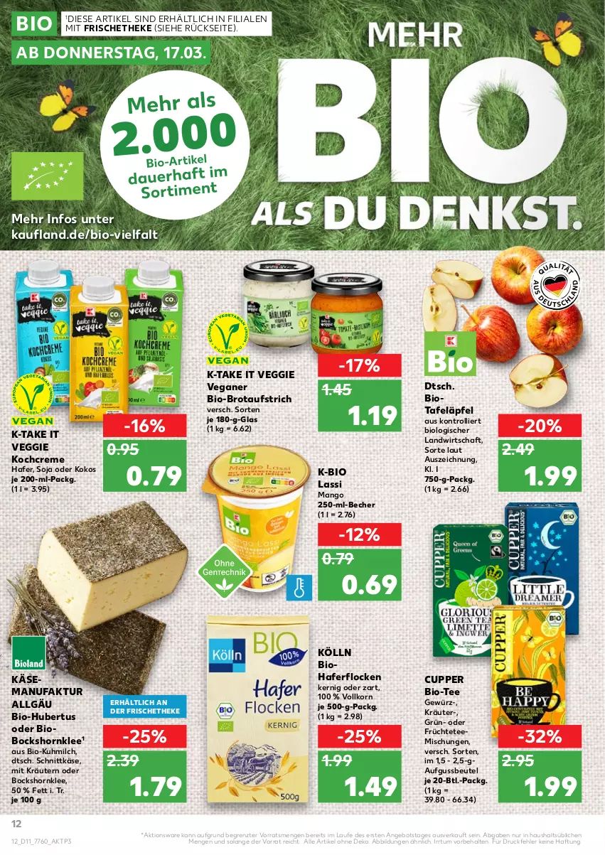 Aktueller Prospekt Kaufland - von 17.03 bis 23.03.2022 - strona 12 - produkty: angebot, aufstrich, Becher, beutel, bio, brot, brotaufstrich, creme, Faktu, früchte, Früchtetee, gewürz, hafer, haferflocken, Käse, Kochcreme, kokos, kölln, korn, kräuter, kräutern, LG, mango, milch, schnittkäse, soja, tafeläpfel, tee, Ti, trolli, veggie, ZTE