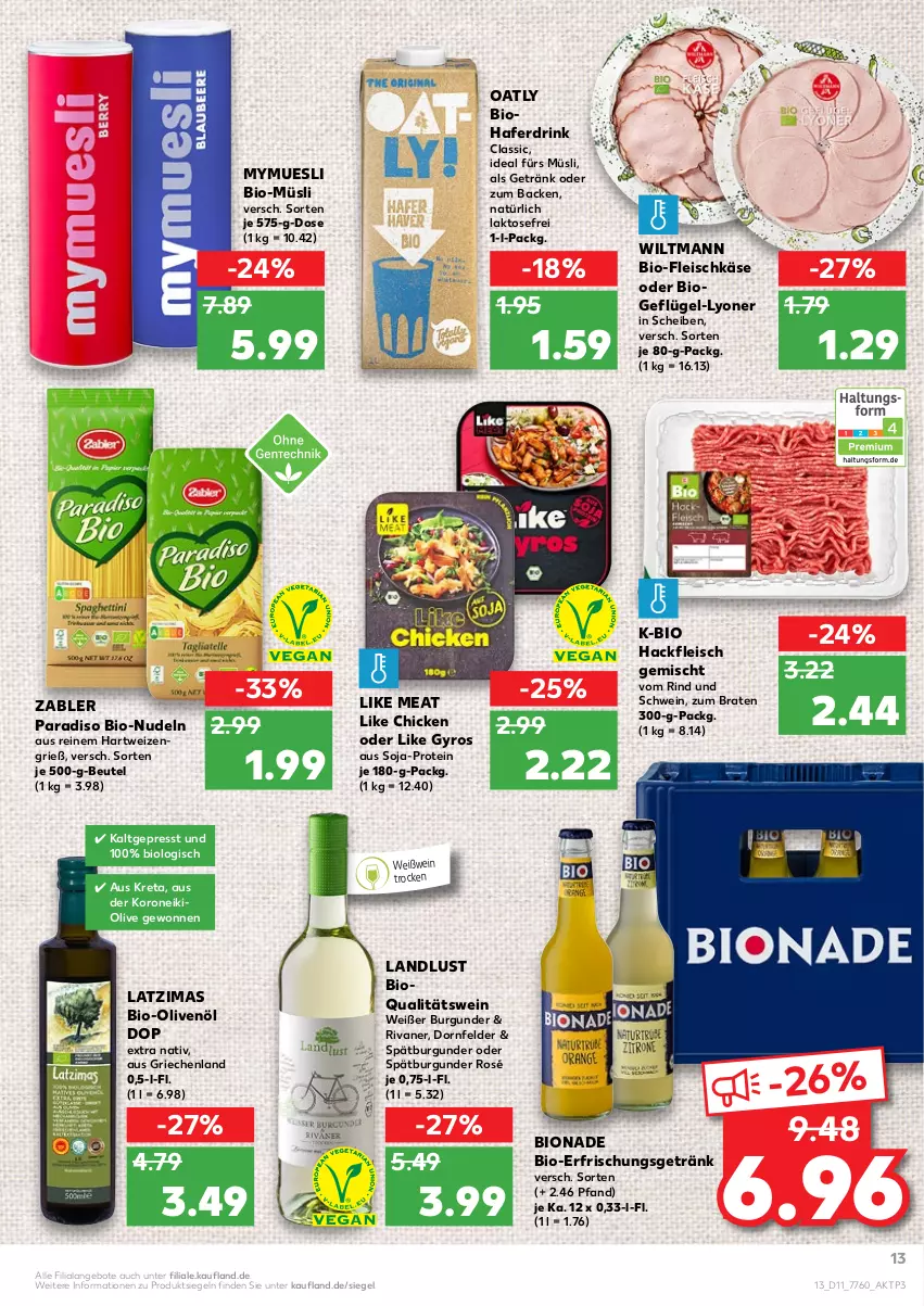 Aktueller Prospekt Kaufland - von 17.03 bis 23.03.2022 - strona 13 - produkty: angebot, angebote, beutel, bio, Bio-Olivenöl, bionade, braten, burgunder, dornfelder, drink, eis, erfrischungsgetränk, fleisch, fleischkäse, Geflügel, getränk, gyros, hackfleisch, hackfleisch gemischt, hafer, Haferdrink, hartweizen, Käse, Like Meat, lyoner, müsli, nudel, nudeln, olive, oliven, olivenöl, qualitätswein, rind, Rivaner, schwein, soja, spätburgunder, Ti, wein, Weißwein, wiltmann, Yo, Zabler