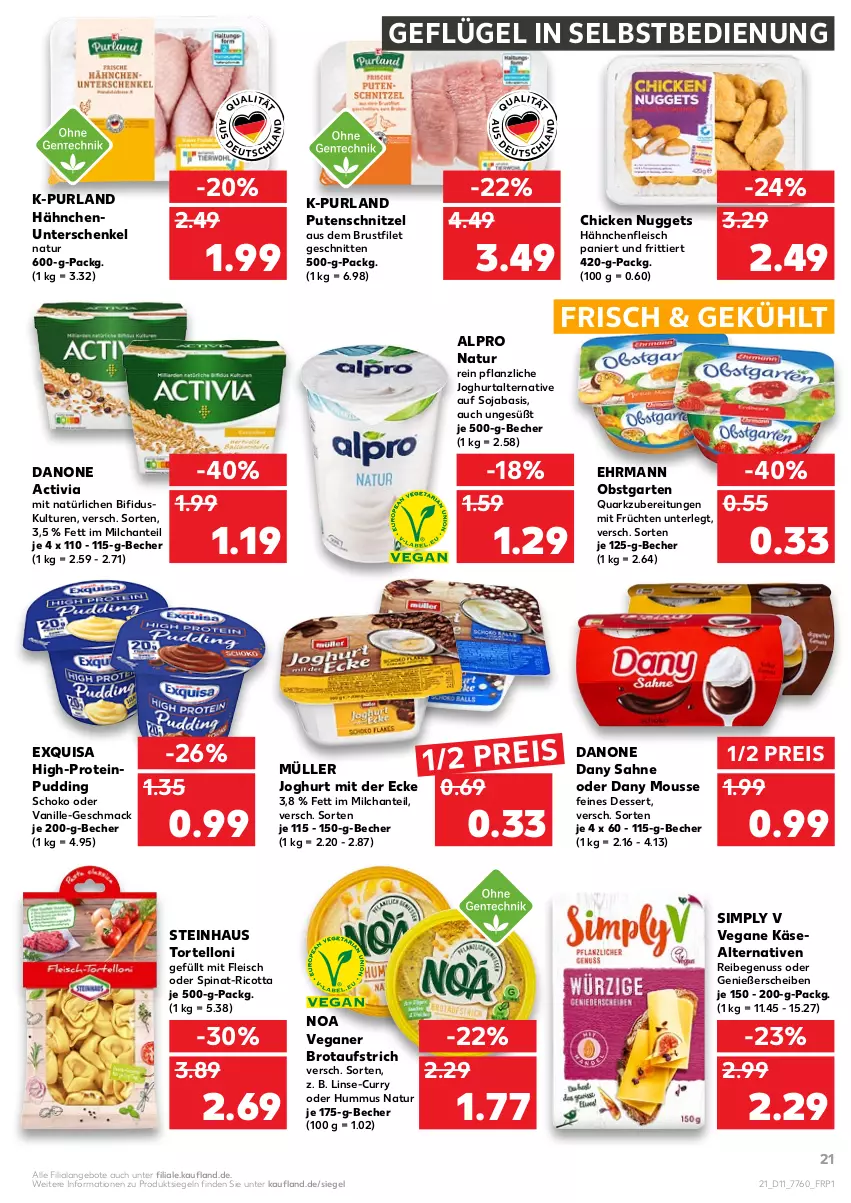 Aktueller Prospekt Kaufland - von 17.03 bis 23.03.2022 - strona 21 - produkty: activia, alpro, angebot, angebote, aufstrich, Becher, bifi, brot, brotaufstrich, brustfilet, chicken nuggets, curry, danone, danone activia, Dany, dany sahne, dessert, ehrmann, eis, exquisa, filet, fleisch, früchte, früchten, Garten, Geflügel, Hähnchenfleisch, henkel, hummus, joghur, joghurt, joghurt mit der ecke, Käse, mac, milch, mousse, Müller, natur, nuggets, nuss, obst, obstgarten, pudding, purland, pute, putenschnitzel, quark, reis, ricotta, sahne, schenkel, schnitten, schnitzel, schoko, sim, soja, spinat, steinhaus, Ti, torte, tortelloni, vanille