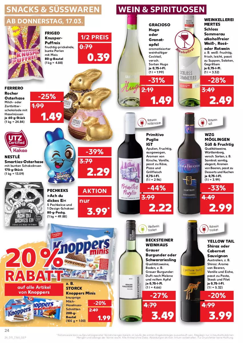 Aktueller Prospekt Kaufland - von 17.03 bis 23.03.2022 - strona 24 - produkty: alkohol, angebot, apfel, auer, aust, Bad, becks, becksteiner, beere, beeren, beutel, burgunder, cabernet, cabernet sauvignon, cocktail, dessert, desserts, eier, eis, elle, ferrero, Ferrero Rocher, filet, fleisch, frucht, gracioso, grana, granatapfel, grauer burgunder, grill, haselnuss, hugo, Käse, keks, kekse, kirsch, kirsche, knoppers, kuchen, linsen, mais, melone, milch, nestlé, nuss, pasta, perlen, pizza, primitivo, qualitätswein, qualitätsweine, Rana, reis, riesling, rotwein, salat, salate, sauvignon, schnitten, schoko, schokolade, Schokolinsen, schwarzriesling, smarties, snack, snacks, spirituosen, steak, steiner, storck, suppe, suppen, süsswaren, Ti, vanille, wein, weine, Weißwein, yellow tail, Zartbitterschokolade, ZTE