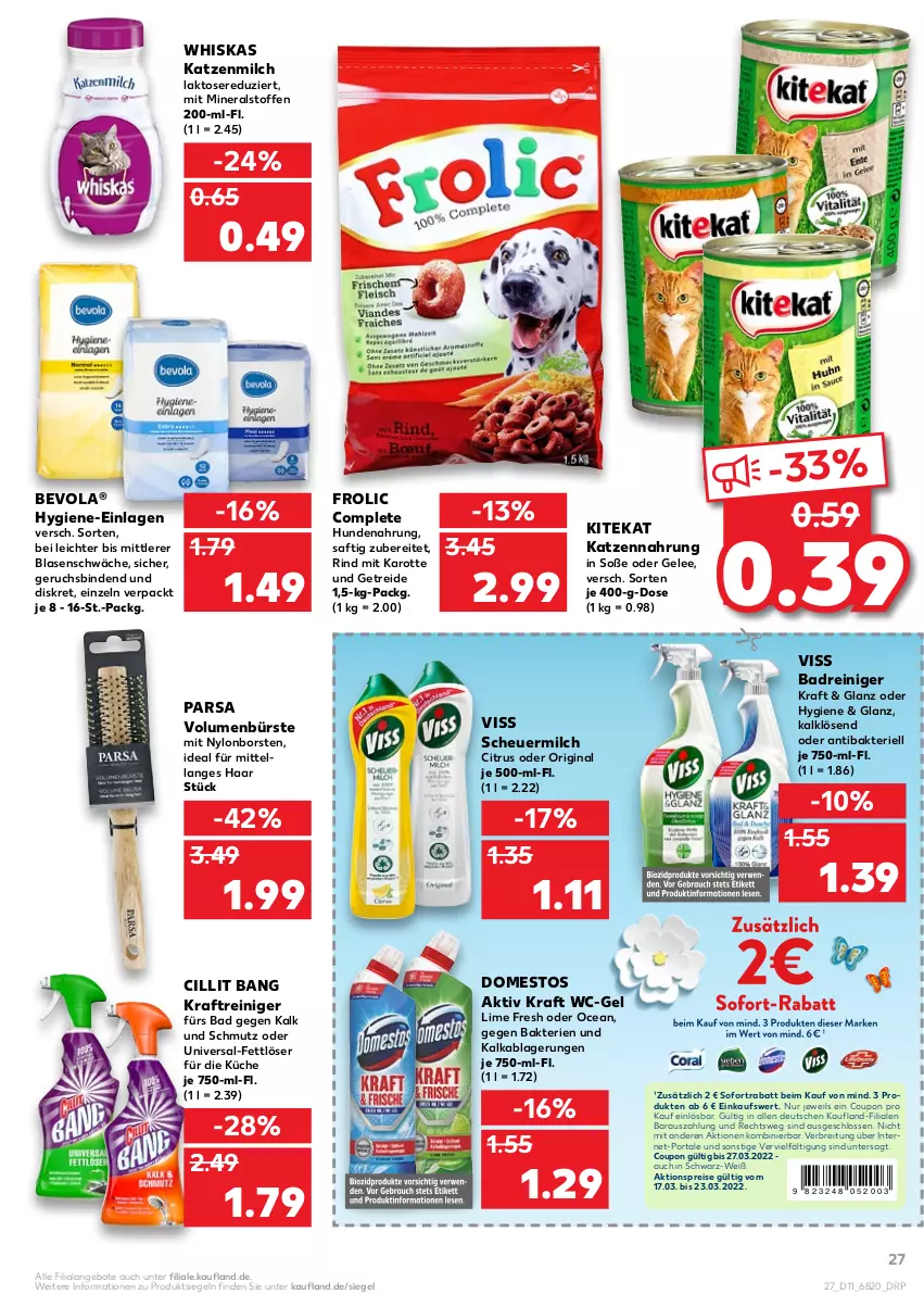 Aktueller Prospekt Kaufland - von 17.03 bis 23.03.2022 - strona 27 - produkty: aktionspreis, angebot, angebote, Bad, binden, Brei, bürste, Cillit, cillit bang, citrus, coupon, domestos, eis, Fettlöser, frolic, gelee, gin, Heu, hundenahrung, katzenmilch, katzennahrung, kitekat, kraft, küche, milch, reiniger, reis, rind, saft, scheuermilch, sofortrabatt, Soße, Ti, wc-gel, whiskas