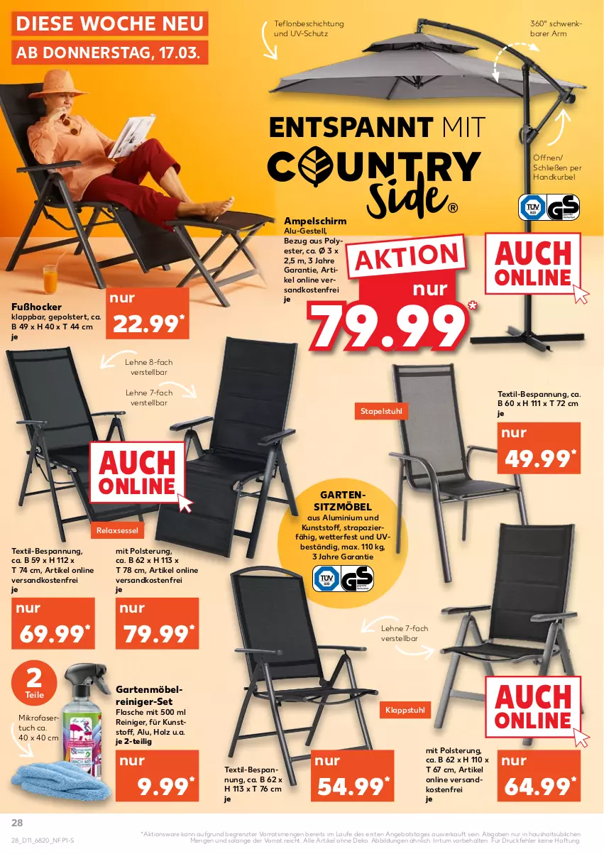 Aktueller Prospekt Kaufland - von 17.03 bis 23.03.2022 - strona 28 - produkty: ampelschirm, angebot, flasche, Garten, gartenmöbel, hocker, Holz, klappstuhl, mikrofaser, möbel, ndk, reiniger, rel, relaxsessel, sessel, stapelstuhl, stuhl, Ti, tuc, uv-schutz, versandkostenfrei, ZTE