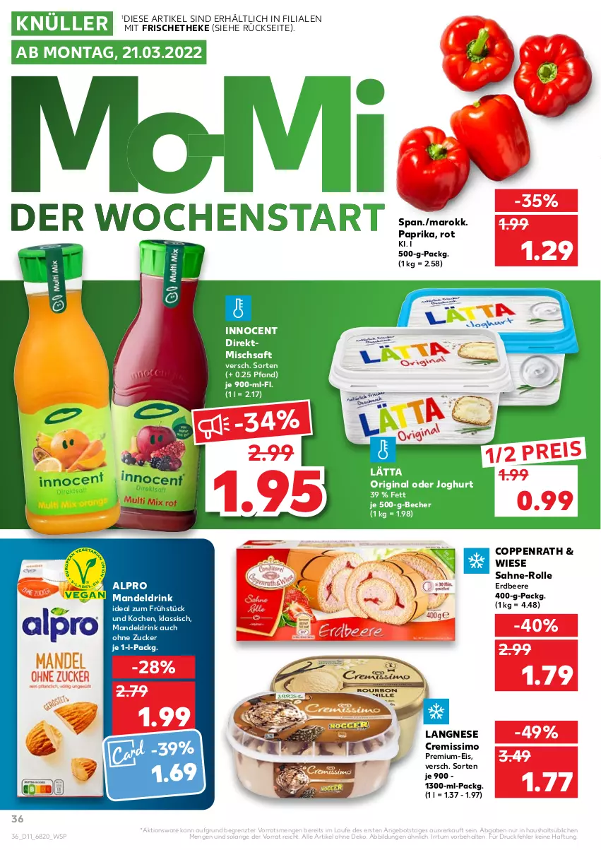 Aktueller Prospekt Kaufland - von 17.03 bis 23.03.2022 - strona 36 - produkty: alpro, angebot, Becher, beere, coppenrath, cremissimo, drink, eis, erdbeere, gin, Innocent, joghur, joghurt, langnese, langnese cremissimo, lätta, mandel, Mandeldrink, paprika, reis, saft, sahne, sim, Ti, ZTE, zucker