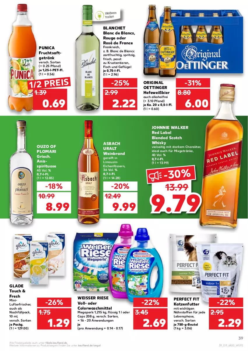 Aktueller Prospekt Kaufland - von 17.03 bis 23.03.2022 - strona 39 - produkty: alkohol, angebot, angebote, asbach uralt, beutel, bier, blended scotch, blended scotch whisky, Cap, colorwaschmittel, de blancs, eis, fisch, frucht, fruchtsaft, fruchtsaftgetränk, Geflügel, getränk, getränke, gin, Glade, Hefe, johnnie walker, katzenfutter, limo, lufterfrischer, megaperls, Mixgetränk, oettinger, ouzo, Perfect Fit, punica, reis, rouge, saft, scotch, scotch whisky, Ti, Tiere, waschmittel, wein, weinbrand, Weisser Riese, Weißwein, whisky