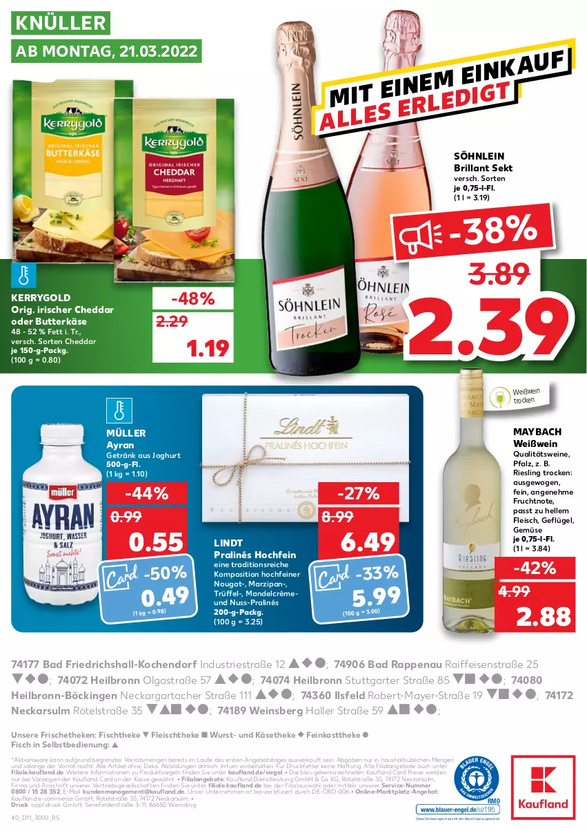 Aktueller Prospekt Kaufland - von 17.03 bis 23.03.2022 - strona 40 - produkty: angebot, angebote, Astra, Ayran, Bad, bio, brillant sekt, butter, butterkäse, cheddar, drucker, eis, elle, Engel, erde, feinkost, feinkosttheke, fisch, fischtheke, fleisch, frucht, Geflügel, getränk, joghur, joghurt, Käse, käsetheke, kerrygold, kerze, LG, lindt, mandel, marzipan, maybach, Müller, nuss, qualitätswein, qualitätsweine, reis, riesling, sekt, söhnlein, söhnlein brillant, Ti, Trüffel, wein, weine, Weißwein, wurst, ZTE