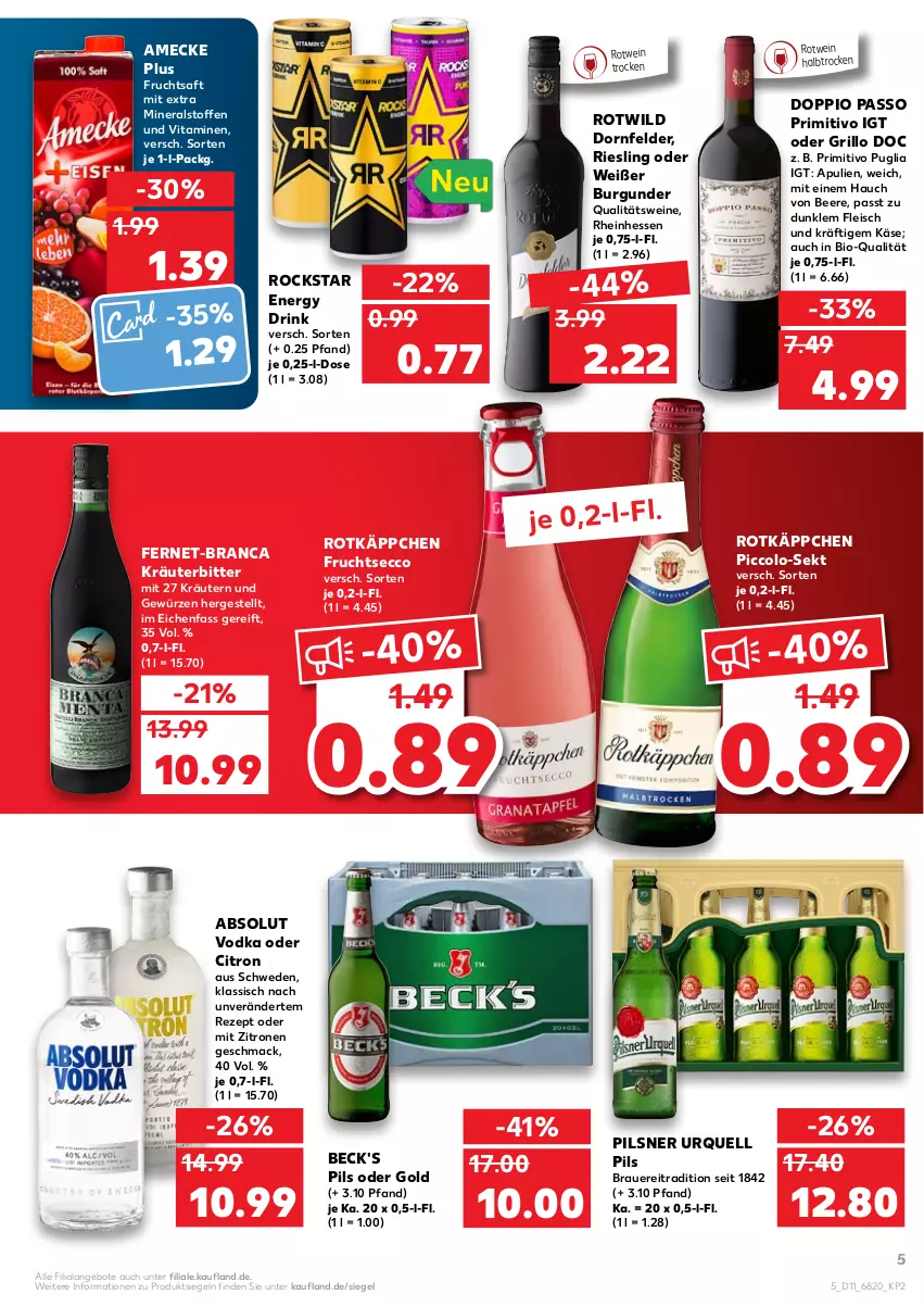 Aktueller Prospekt Kaufland - von 17.03 bis 23.03.2022 - strona 5 - produkty: Absolut Vodka, amecke, angebot, angebote, auer, beck's, beere, bio, burgunder, doppio passo, dornfelder, drink, ecco, eis, energy drink, Fernet, fleisch, frucht, fruchtsaft, fruchtsecco, gewürz, grill, grillo, Käse, kräuter, kräutern, mac, passo, pils, pilsner, pilsner urquell, primitivo, qualitätswein, qualitätsweine, rezept, riesling, Rockstar, rotkäppchen, rotwein, saft, sekt, Ti, vita, Vitamine, vodka, wein, weine, Wild, zitrone, zitronen