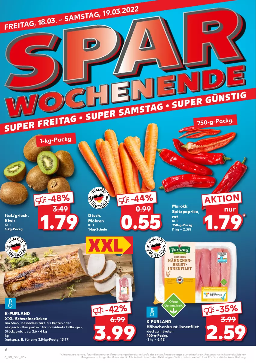 Aktueller Prospekt Kaufland - von 17.03 bis 23.03.2022 - strona 6 - produkty: angebot, braten, elle, filet, hähnchenbrust, ideal zum braten, kiwi, möhren, paprika, purland, Schal, Schale, schnitten, schwein, schweine, schweinerücken, Spitzpaprika, Ti, wein, weine, ZTE