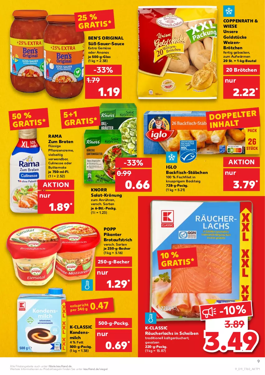 Aktueller Prospekt Kaufland - von 17.03 bis 23.03.2022 - strona 9 - produkty: ananas, angebot, angebote, auer, aufstrich, backfisch, Becher, beutel, braten, brot, brotaufstrich, brötchen, butter, coppenrath, creme, culinesse, filet, fisch, geback, gin, Goldstücke, iglo, knorr, kondensmilch, lachs, milch, pflanze, pflanzen, pflanzencreme, Popp, rama, Räucherlachs, rwe, salat, salz, sauce, Ti, weizenbrötchen