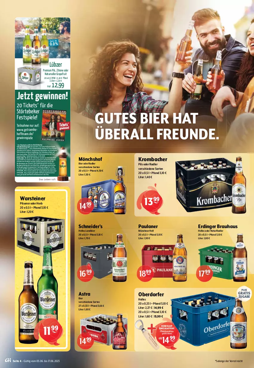 Aktueller Prospekt Getraenke Hoffmann - Prospekte - von 05.06 bis 17.06.2023 - strona 4 - produkty: Aldersbacher, alkohol, altenburger, Astra, auer, bier, bitburger, burger, eis, elle, erde, erdinger, flasche, flaschenöffner, Gessner, getränk, getränke, gewinnspiel, gin, grapefruit, grill, krombache, krombacher, LG, Lübzer, Mixer, mixery, mönchshof, natur, oder radler, Paula, paulaner, pils, pilsener, pilsner, premium pils, radler, Schal, Schale, Spiele, steiner, störtebeker, Ti, veltins, veltins pilsener, warsteiner, wasser, weck, zitrone