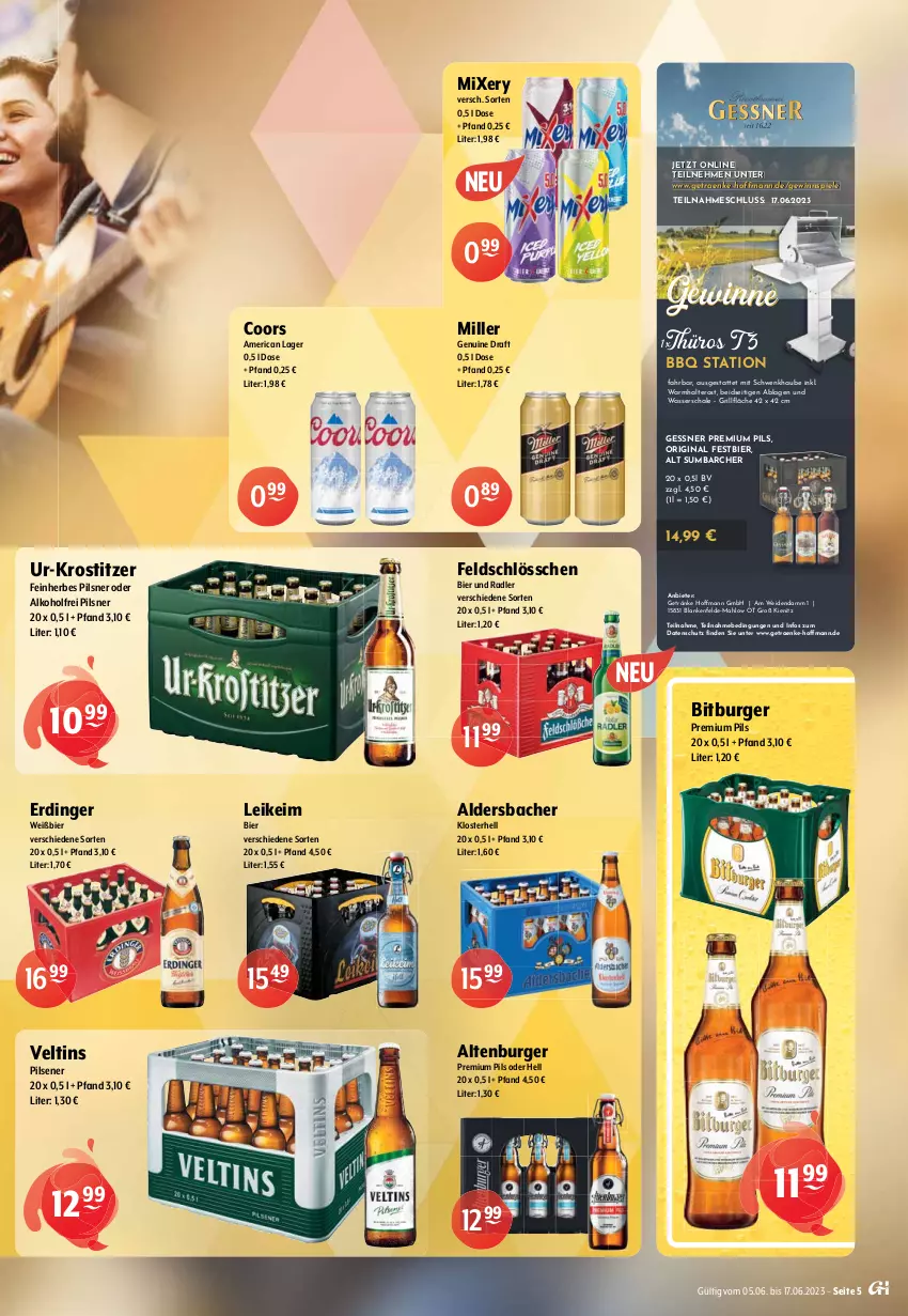 Aktueller Prospekt Getraenke Hoffmann - Prospekte - von 05.06 bis 17.06.2023 - strona 5 - produkty: Aldersbacher, alkohol, altenburger, Astra, auer, bier, bitburger, burger, eis, elle, erde, erdinger, flasche, flaschenöffner, Gessner, getränk, getränke, gewinnspiel, gin, grapefruit, grill, krombache, krombacher, LG, Lübzer, Mixer, mixery, mönchshof, natur, oder radler, Paula, paulaner, pils, pilsener, pilsner, premium pils, radler, Schal, Schale, Spiele, steiner, störtebeker, Ti, veltins, veltins pilsener, warsteiner, wasser, weck, zitrone