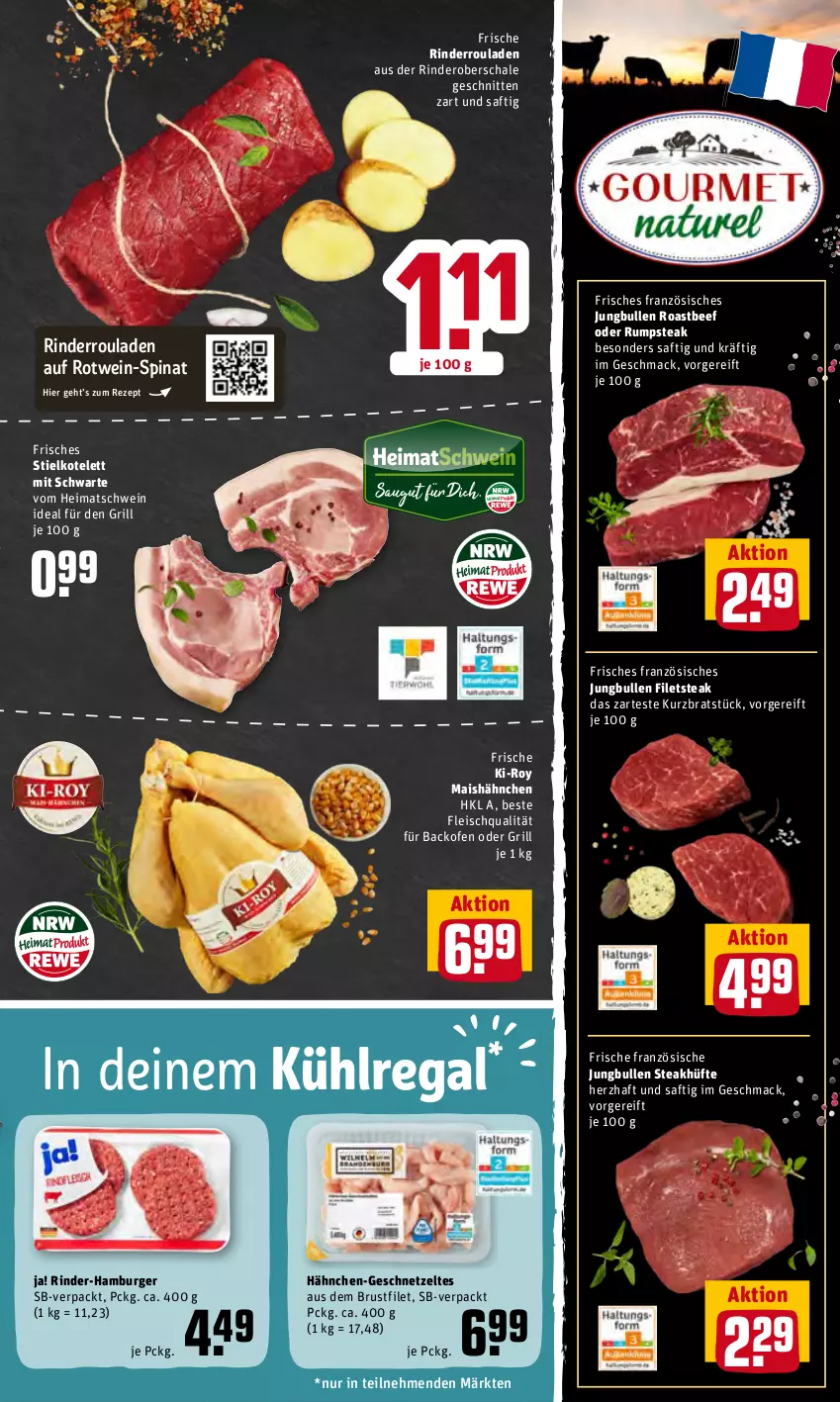 Aktueller Prospekt Rewe - Diese Woche im Angebot! - von 20.06 bis 25.06.2022 - strona 5 - produkty: backofen, beef, brustfilet, burger, eis, filet, filets, fleisch, geschnetzeltes, grill, hamburger, jungbullen, kotelett, kühlregal, mac, mais, oder rumpsteak, Ofen, regal, rezept, rind, rinder, Rinderroulade, rinderrouladen, roastbeef, rotwein, rouladen, rum, rumpsteak, saft, Schal, Schale, schnitten, schwein, spinat, steak, steakhüfte, Ti, wein, Zelt