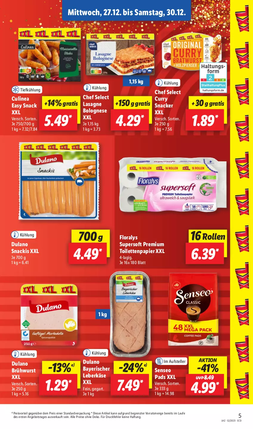 Aktueller Prospekt Lidl - Aktionsprospekt - von 25.12 bis 30.12.2023 - strona 5 - produkty: angebot, bolognese, Brühwurst, curry, dulano, eis, elle, Floralys, Käse, lasagne, leberkäs, leberkäse, papier, preisvorteil, reis, senseo, senseo pads, snack, teller, Ti, toilettenpapier, wurst, ZTE