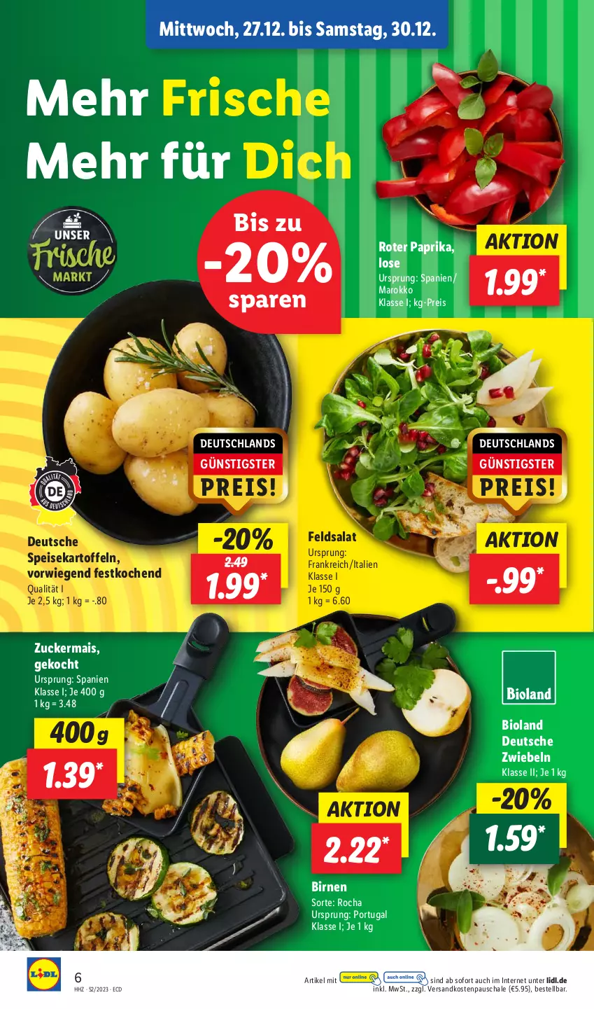 Aktueller Prospekt Lidl - Aktionsprospekt - von 25.12 bis 30.12.2023 - strona 6 - produkty: bio, bioland, Birnen, eis, feldsalat, kartoffel, kartoffeln, mais, ndk, paprika, reis, salat, Schal, Schale, speisekartoffeln, Ti, zucker, zuckermais, zwiebel, zwiebeln