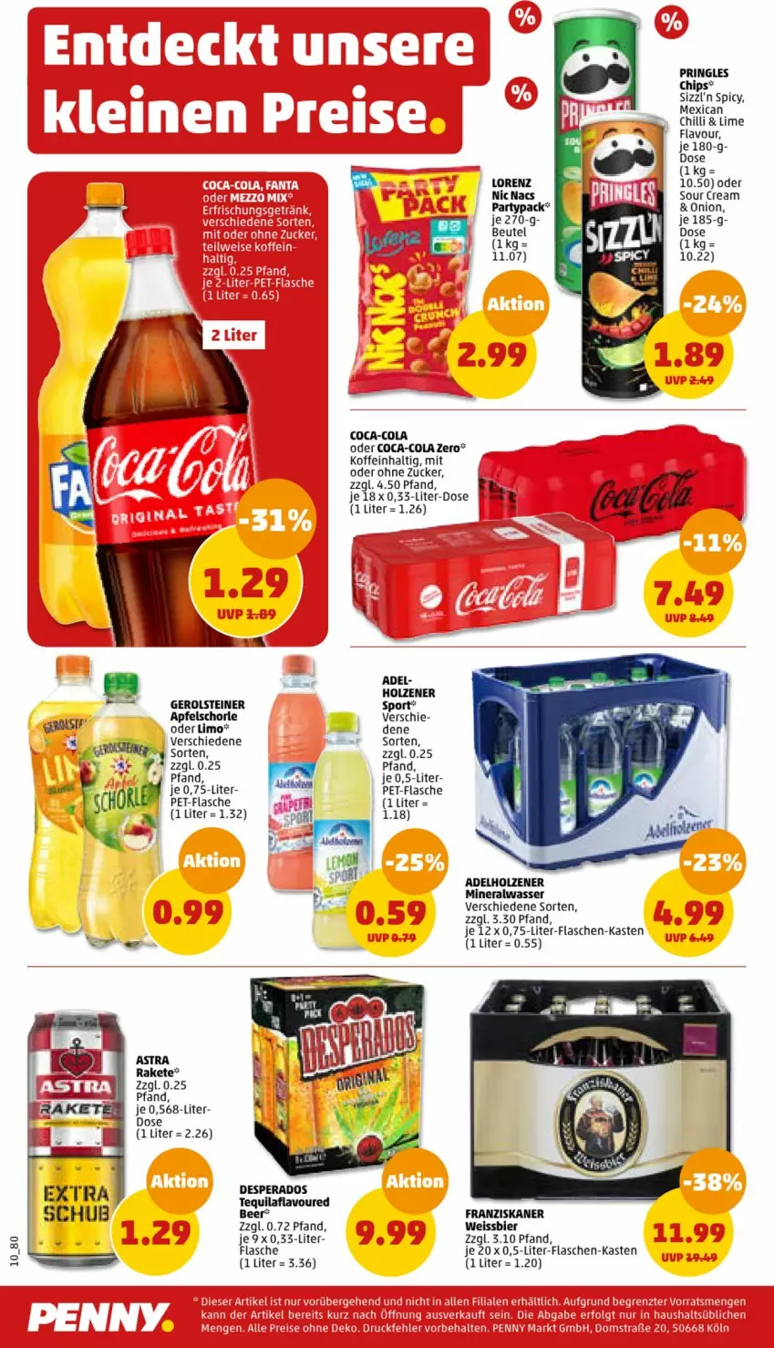 Aktueller Prospekt Penny - Prospekte - von 19.06 bis 24.06.2023 - strona 10 - produkty: adelholzener, Alwa, Astra, beutel, bier, chips, coca-cola, cola, desperados, eis, flasche, flaschen-kasten, franziskaner, gerolsteine, gerolsteiner, Holz, limo, lorenz, mineralwasser, pet-flasche, pringles, ring, sour cream, Sport, steiner, Ti, wasser, weissbier, zucker