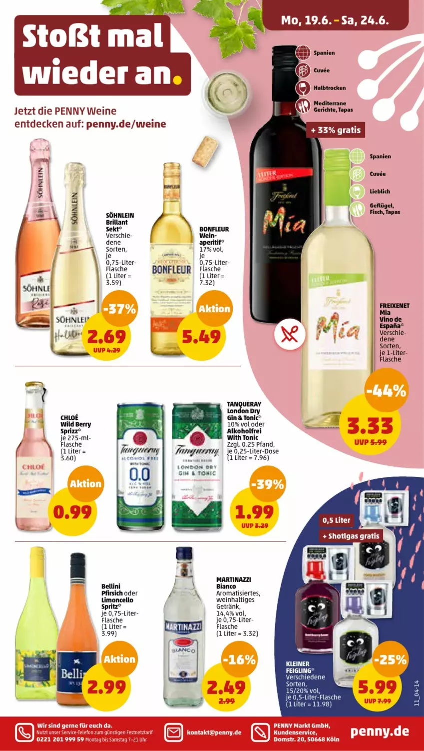 Aktueller Prospekt Penny - Prospekte - von 19.06 bis 24.06.2023 - strona 11 - produkty: alkohol, aperitif, brillant sekt, chloe, decke, flasche, freixenet, Geflügel, getränk, gin, kleiner feigling, leine, limo, london dry, pfirsich, sekt, söhnlein, Sprizz, Tanqueray, Ti, tonic, wein, weine