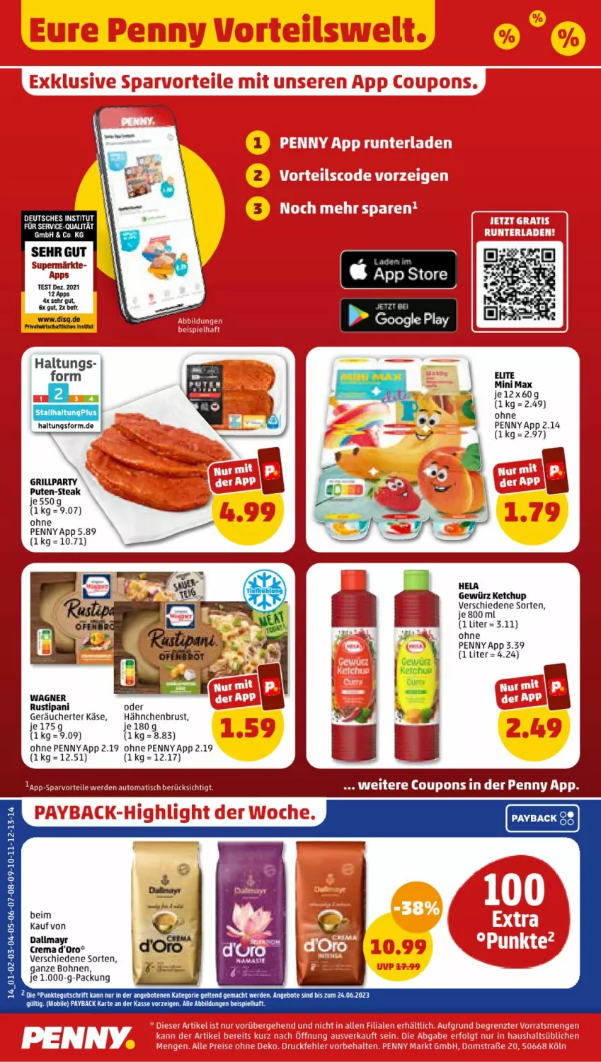 Aktueller Prospekt Penny - Prospekte - von 19.06 bis 24.06.2023 - strona 14 - produkty: angebot, angebote, auto, bohne, bohnen, dallmayr, eis, erde, gewürz, grill, hähnchenbrust, Hela, Käse, ketchup, mac, payback, pute, rustipani, steak, tee, Ti, tisch, wagner