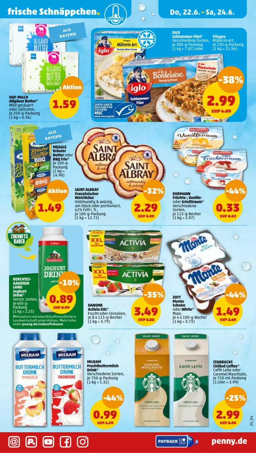 Aktueller Prospekt Penny - Prospekte - von 19.06 bis 24.06.2023 - strona 27 - produkty: ACC, activia, albray, auer, Bau, Bauer, Becher, butter, buttermilch, caffe, caramel, cerealien, chia, danone, drink, ehrmann, filegro, frucht, früchte, Grießtraum, je 250-g-packung, Käse, mac, macchiato, meggle, milch, Müller, müllerin art, saint albray, schnäppchen, schoko, Ti, vanille, weichkäse