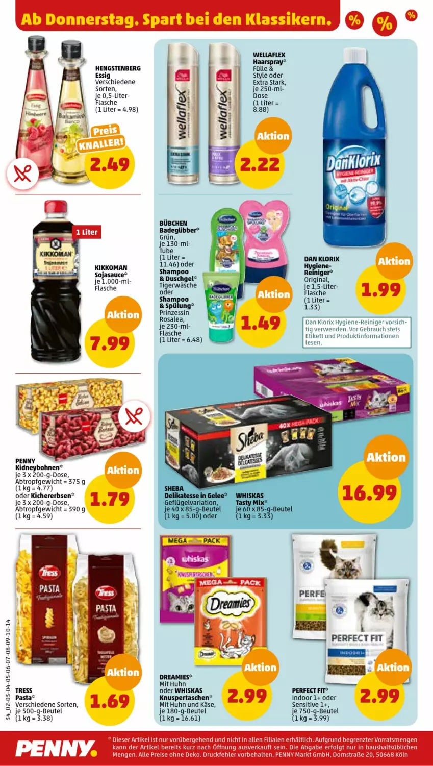 Aktueller Prospekt Penny - Prospekte - von 19.06 bis 24.06.2023 - strona 36 - produkty: beutel, bohne, bohnen, dreamies, duschgel, erbsen, essig, flasche, gin, hengstenberg, hygiene-reiniger, Käse, kichererbsen, kidney, kikkoman, pasta, Perfect Fit, Rauch, reiniger, rwe, sauce, shampoo, soja, sojasauce, spülung, Tasche, taschen, Ti, Wella, wellaflex, whiskas