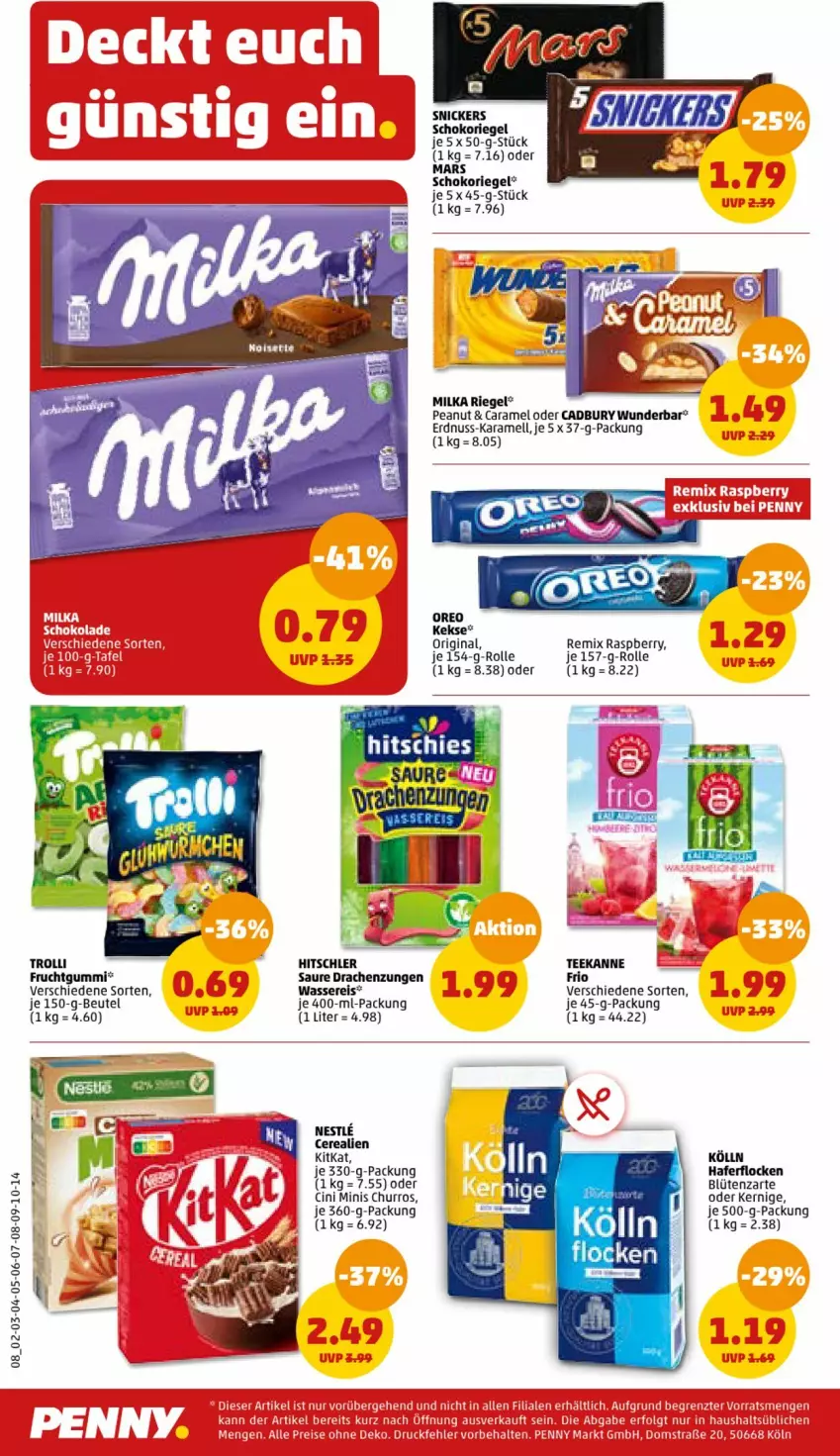 Aktueller Prospekt Penny - Prospekte - von 19.06 bis 24.06.2023 - strona 8 - produkty: beutel, Blüte, caramel, cerealien, cin, eis, erdnuss, frucht, fruchtgummi, gin, hafer, haferflocken, hitschler, karamell, keks, kekse, kitkat, kölln, mars, milka, nuss, raspberry, reis, riegel, schoko, schokoriegel, snickers, tee, teekanne, trolli, wasser, wassereis