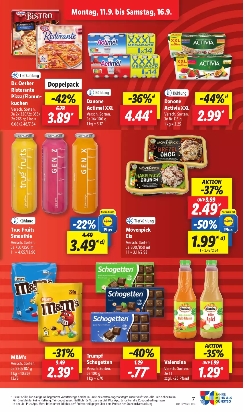 Aktueller Prospekt Lidl - Aktionsprospekt - von 11.09 bis 16.09.2023 - strona 11 - produkty: actimel, activia, angebot, coupon, danone, danone activia, Dr. Oetker, eis, flammkuchen, kuchen, lamm, mövenpick, mövenpick eis, pizza, preisvorteil, reis, ristorante, ristorante pizza, rum, schogetten, smoothie, Ti, true fruits, valensina, ZTE