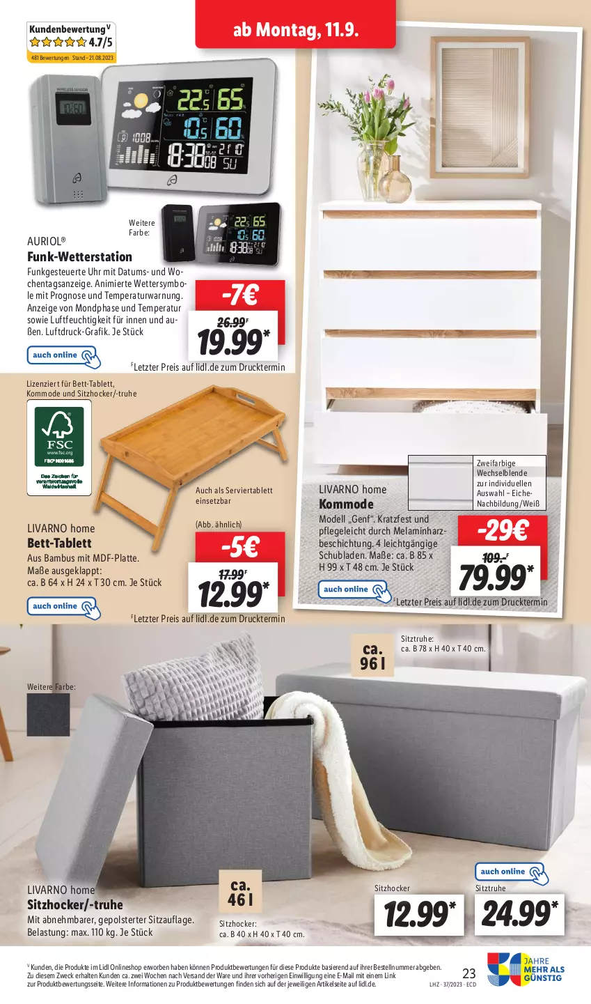 Aktueller Prospekt Lidl - Aktionsprospekt - von 11.09 bis 16.09.2023 - strona 33 - produkty: bambus, bett, dell, eis, elle, hocker, kommode, latte, Mode, reis, schubladen, Serviertablett, Sitzauflage, Sitztruhe, tablet, tablett, Ti, uhr, weck, Wetterstation, ZTE