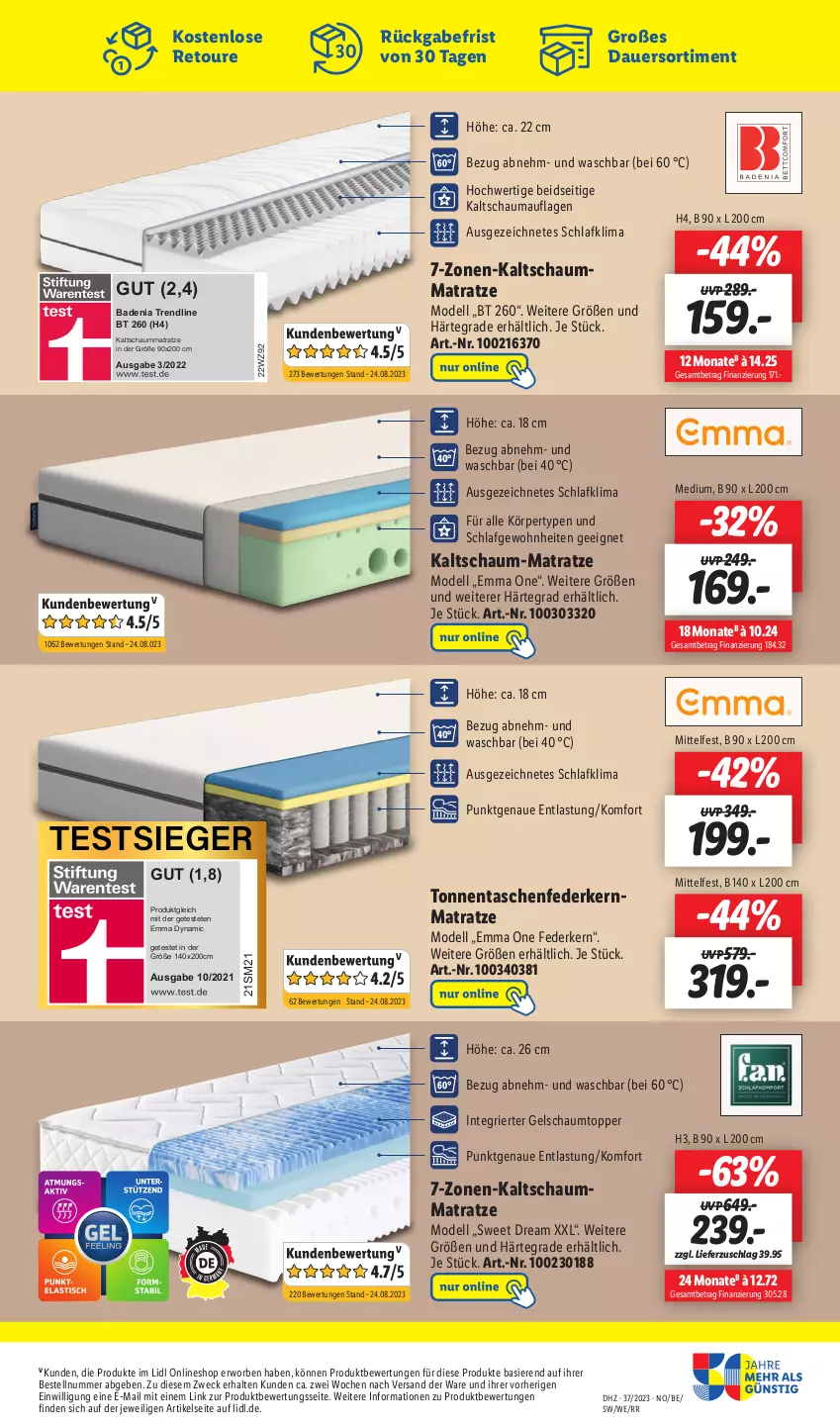 Aktueller Prospekt Lidl - Aktionsprospekt - von 11.09 bis 16.09.2023 - strona 35 - produkty: auer, Bad, dell, federkern, federkernmatratze, kaltschaum-matratze, kaltschaummatratze, kernmatratze, matratze, Mode, schauma, Schaummatratze, Tasche, taschen, taschenfederkernmatratze, Ti, topper, weck