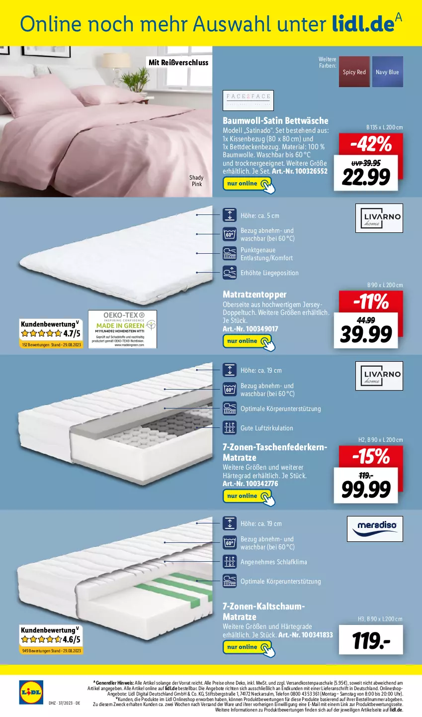 Aktueller Prospekt Lidl - Aktionsprospekt - von 11.09 bis 16.09.2023 - strona 36 - produkty: angebot, angebote, Bau, baumwolle, bett, bettwäsche, decke, dell, eis, elle, Ergee, federkern, federkernmatratze, kaltschaummatratze, kernmatratze, kissen, Kissenbezug, Liege, matratze, matratzen, Matratzentopper, Mode, ndk, reis, rel, Ria, Schal, Schale, Schaummatratze, Tasche, taschen, taschenfederkernmatratze, telefon, Ti, topper, Trockner, tuc, uhr, weck, wolle