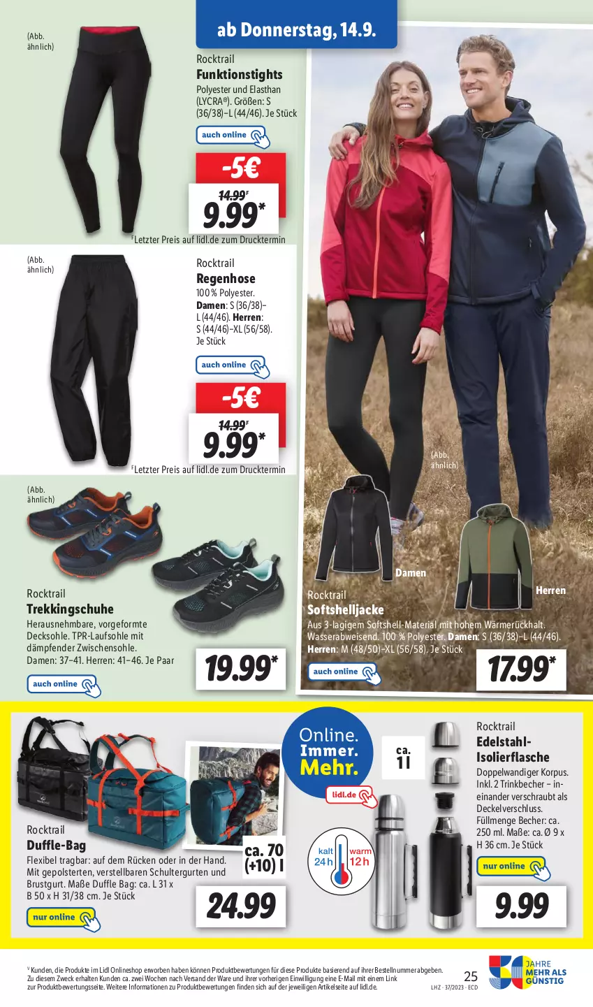 Aktueller Prospekt Lidl - Aktionsprospekt - von 11.09 bis 16.09.2023 - strona 39 - produkty: Becher, decke, Deckel, decksohle, edelstahl, eis, flasche, hose, isolierflasche, Jacke, reis, Ria, schuhe, schultergurt, Ti, Trekkingschuh, Trekkingschuhe, trinkbecher, wasser, weck, ZTE