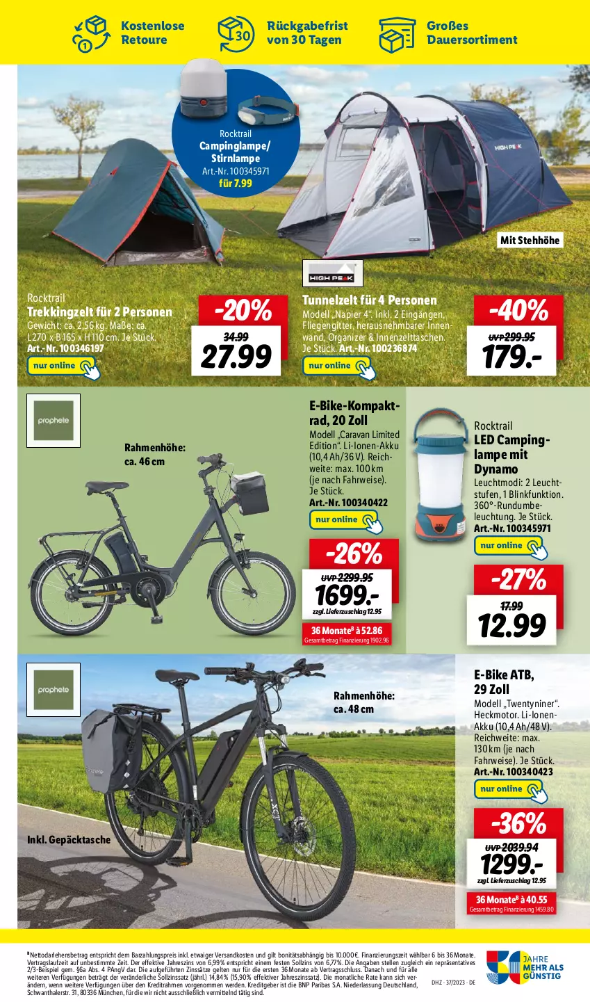 Aktueller Prospekt Lidl - Aktionsprospekt - von 11.09 bis 16.09.2023 - strona 43 - produkty: akku, auer, beleuchtung, dell, E-Bike, eis, elle, erde, fliegengitter, Lampe, Liege, Mode, ndk, reis, rwe, Tasche, taschen, Ti, Trekkingzelt, Zelt