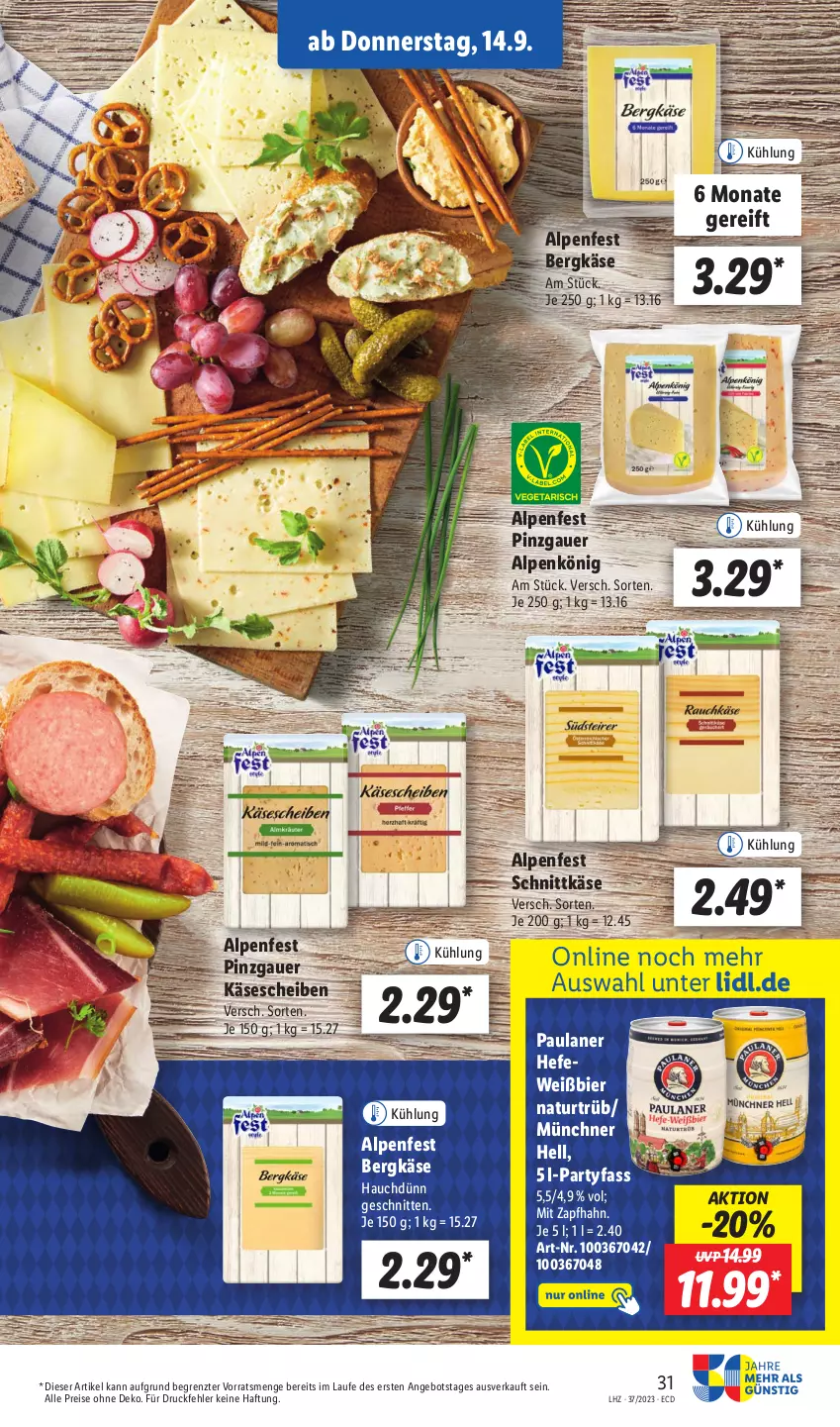 Aktueller Prospekt Lidl - Aktionsprospekt - von 11.09 bis 16.09.2023 - strona 47 - produkty: angebot, auer, Bergkäse, bier, eis, Hefe, Käse, käsescheiben, natur, Paula, paulaner, reis, schnitten, schnittkäse, Ti, ZTE