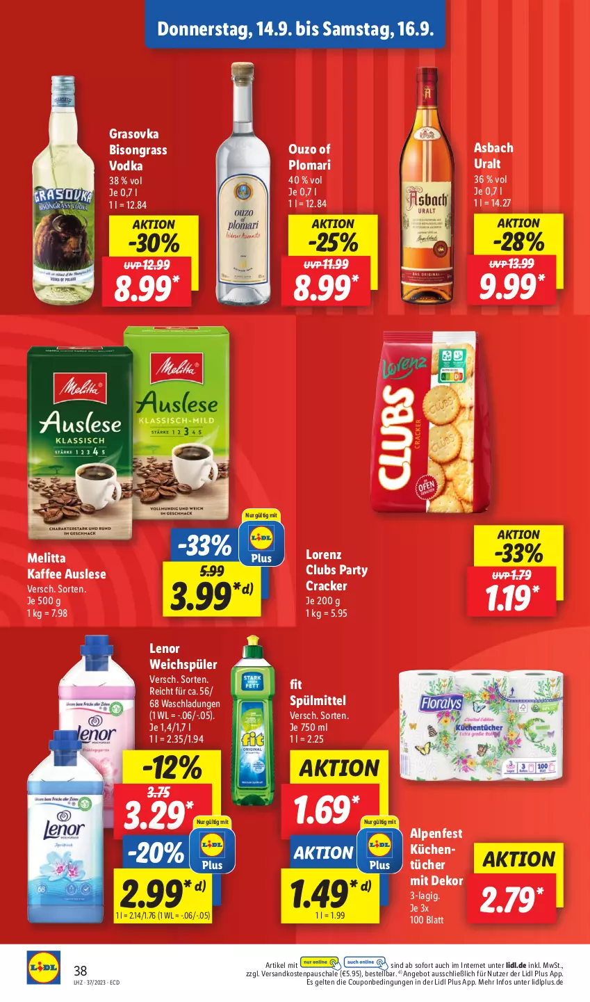 Aktueller Prospekt Lidl - Aktionsprospekt - von 11.09 bis 16.09.2023 - strona 54 - produkty: angebot, asbach uralt, coupon, cracker, kaffee, küche, Küchen, lenor, lenor weichspüler, lorenz, melitta, ndk, ouzo, Schal, Schale, spülmittel, Ti, tücher, vodka, weichspüler