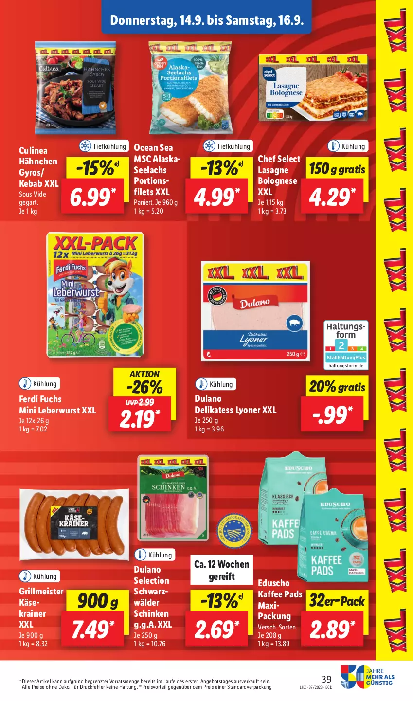 Aktueller Prospekt Lidl - Aktionsprospekt - von 11.09 bis 16.09.2023 - strona 55 - produkty: angebot, bolognese, dulano, eduscho, eis, ferdi fuchs, filet, filets, grill, gyros, kaffee, Käse, lachs, lasagne, leberwurst, lyoner, Meister, preisvorteil, reis, schinken, schwarzwälder schinken, Ti, wurst, Yo, ZTE