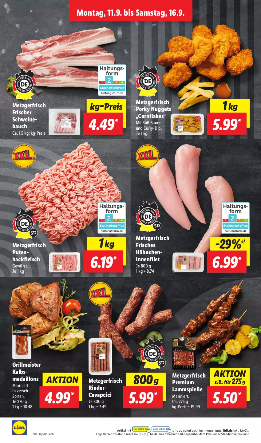 Aktueller Prospekt Lidl - Aktionsprospekt - von 11.09 bis 16.09.2023 - strona 6 - produkty: auer, Bau, cevapcici, curry, dip, eis, filet, flakes, fleisch, gewürz, grill, hackfleisch, lamm, Lammspieße, medaillons, Meister, ndk, nuggets, preisvorteil, pute, reis, rind, rinder, Schal, Schale, schwein, schweine, Ti, wein, weine