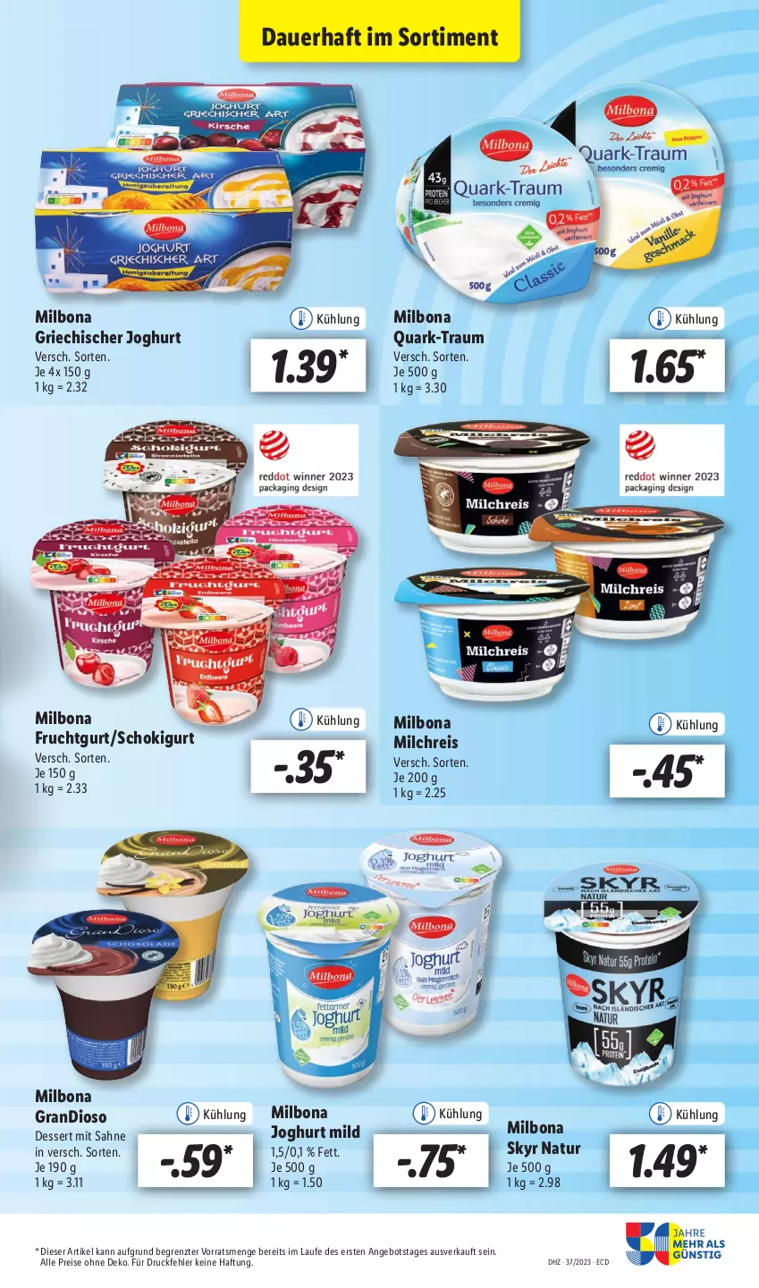 Aktueller Prospekt Lidl - Aktionsprospekt - von 11.09 bis 16.09.2023 - strona 9 - produkty: angebot, auer, Bona, dessert, eis, frucht, Fruchtgurt, Griechischer Joghurt, joghur, joghurt, joghurt mild, Milbona, milch, milchreis, natur, quark, reis, sahne, Skyr, Ti, ZTE