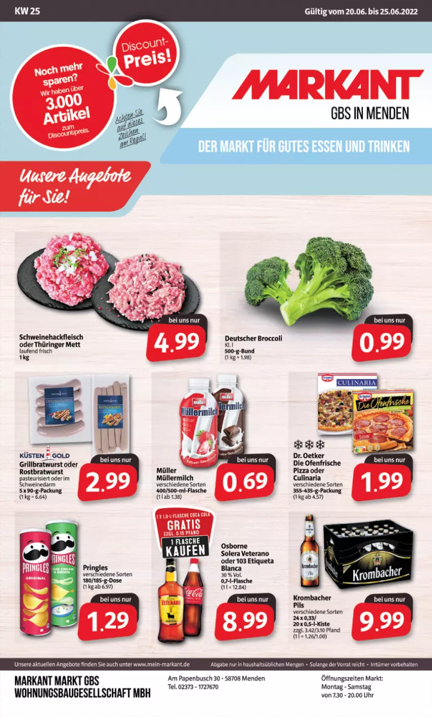 Aktueller Prospekt Markant - Prospekte - von 20.06 bis 25.06.2022 - strona 1 - produkty: angebot, angebote, Bau, bratwurst, broccoli, eis, elle, ente, flasche, fleisch, grill, grillbratwurst, hackfleisch, Laufen, Mett, milch, Müller, müllermilch, osborne, ring, rostbratwurst, schwein, schweine, Schweinehackfleisch, tee, Ti, veterano, wein, weine, wurst