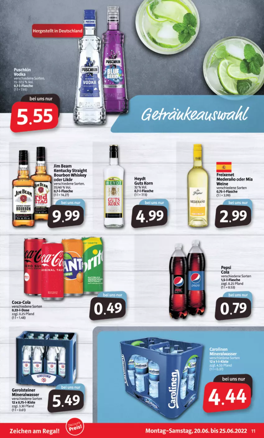 Aktueller Prospekt Markant - Prospekte - von 20.06 bis 25.06.2022 - strona 11 - produkty: Alwa, bourbon, bourbon whiskey, coca-cola, cola, flasche, freixenet, gerolsteine, gerolsteiner, jim beam, kentucky straight, korn, likör, mineralwasser, regal, steiner, tuc, wasser, wein, weine, whiskey