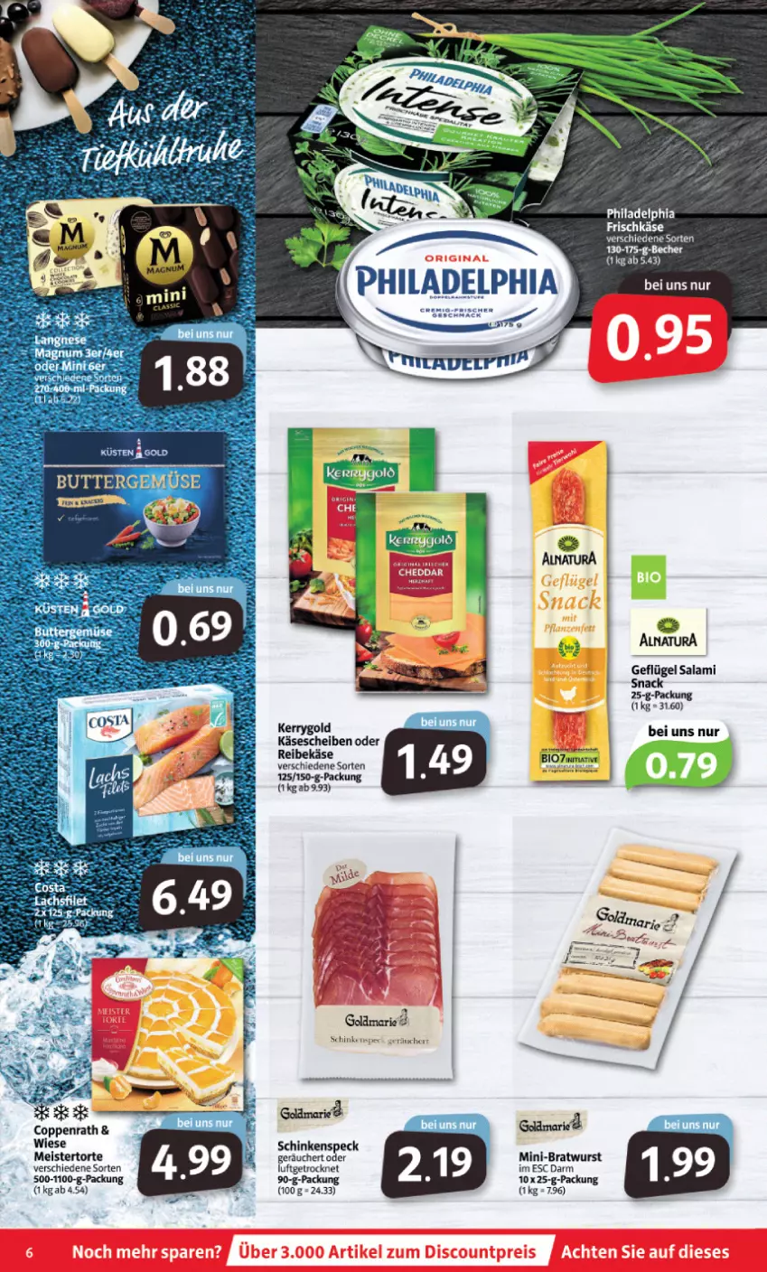 Aktueller Prospekt Markant - Prospekte - von 20.06 bis 25.06.2022 - strona 6 - produkty: bratwurst, butter, coppenrath, eis, elle, Geflügel, gemuse, Käse, käsescheiben, kerrygold, Meister, philadelphia, Reibekäse, salami, schinken, schinkenspeck, snack, Speck, torte, wurst