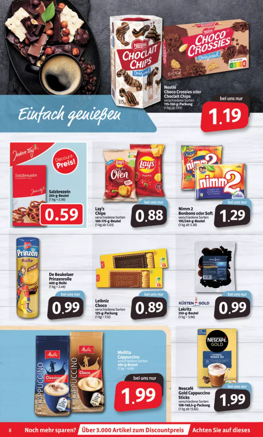 Aktueller Prospekt Markant - Prospekte - von 20.06 bis 25.06.2022 - strona 8 - produkty: beutel, bonbons, brezel, Brezeln, chips, choclait chips, choco crossies, crossies, de beukelaer, Lakritz, nescafe, nimm2, prinzenrolle, salz, Ti