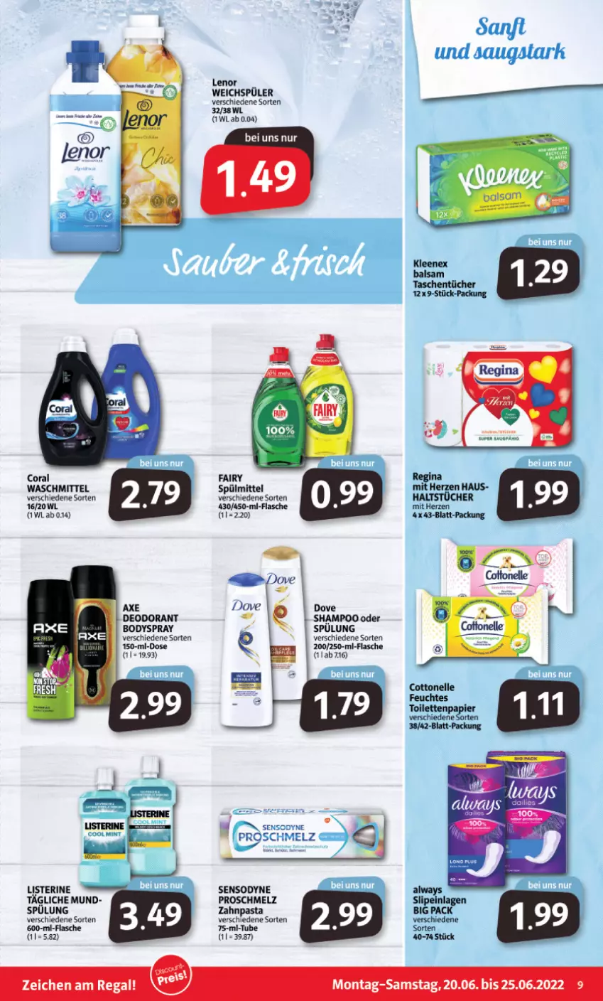 Aktueller Prospekt Markant - Prospekte - von 20.06 bis 25.06.2022 - strona 9 - produkty: Alwa, Always, axe, body, bodyspray, Coral, cottonelle, deo, deodorant, dove, elle, fairy, feuchtes toilettenpapier, flasche, gin, lenor, lenor weichspüler, listerine, papier, pasta, regal, sensodyne, shampoo, slip, slipeinlagen, spülmittel, spülung, Tasche, taschen, taschentücher, toilettenpapier, tücher, waschmittel, weichspüler, zahnpasta