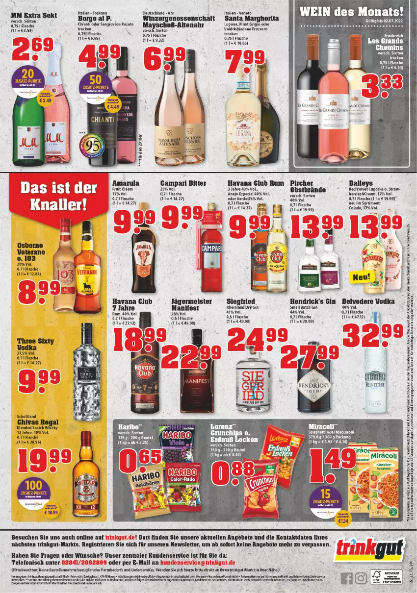 Aktueller Prospekt Trinkgut - von 30.05 bis 04.06.2022 - strona 4 - produkty: ACC, amarula, angebot, angebote, baileys, beutel, blended scotch, campari, chia, chianti, cin, cola, dry gin, ecco, eis, elle, erde, flasche, Germ, gin, haribo, Havana Club, Hendrick's Gin, jägermeister, lieferservice, mac, margherita, Meister, miracoli, mm extra, obst, osborne, Pinot, pinot grigio, pircher, prosecco, regal, rosato, rum, schott, scotch, sekt, spaghetti, telefon, Three Sixty, Ti, valdo, velvet, veterano, vodka