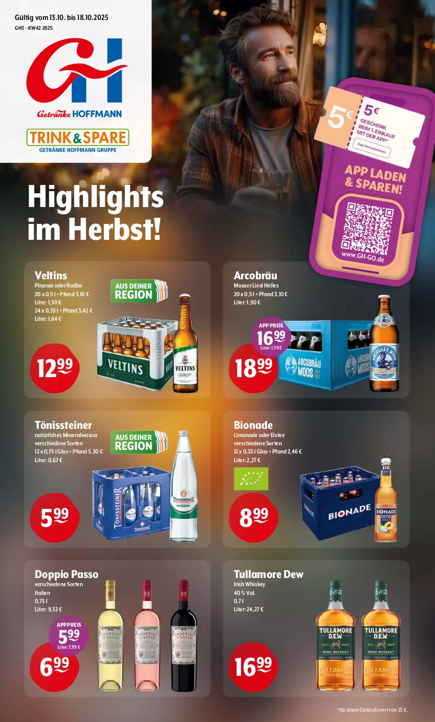 Aktueller Prospekt Getraenke Hoffmann - Prospekte - von 13.10 bis 18.10.2025 - strona 1 - produkty: Alwa, bio, bionade, doppio passo, eis, eistee, elle, irish whiskey, limo, limonade, mineralwasser, natürliches mineralwasser, oder radler, passo, pils, pilsener, radler, reis, steiner, tee, Ti, tullamore, tullamore dew, veltins, wasser, whiskey