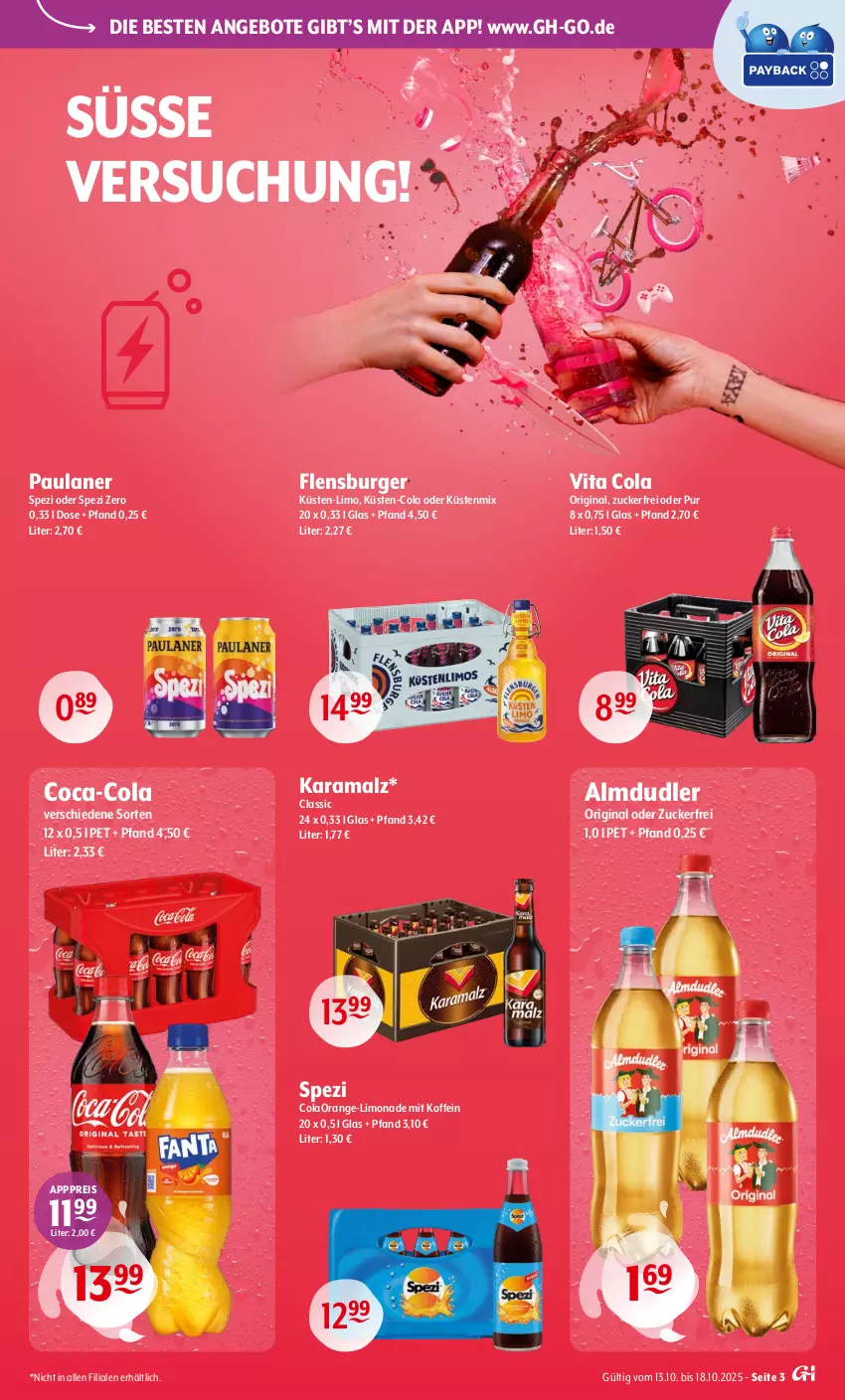 Aktueller Prospekt Getraenke Hoffmann - Prospekte - von 13.10 bis 18.10.2025 - strona 3 - produkty: almdudler, angebot, angebote, burger, coca-cola, cola, eis, flensburger, gin, karamalz, limo, limonade, malz, orange, Paula, paulaner, rama, reis, Spezi, Ti, vita, Vita C, zucker
