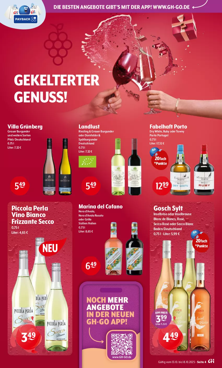 Aktueller Prospekt Getraenke Hoffmann - Prospekte - von 13.10 bis 18.10.2025 - strona 4 - produkty: angebot, angebote, auer, Bad, brause, burgunder, cola, de blancs, dornfelder, ecco, eis, frizzante, grauer burgunder, grill, grillo, nero, nuss, perla, reis, riesling, rosato, spätburgunder, Tawny Port, Ti