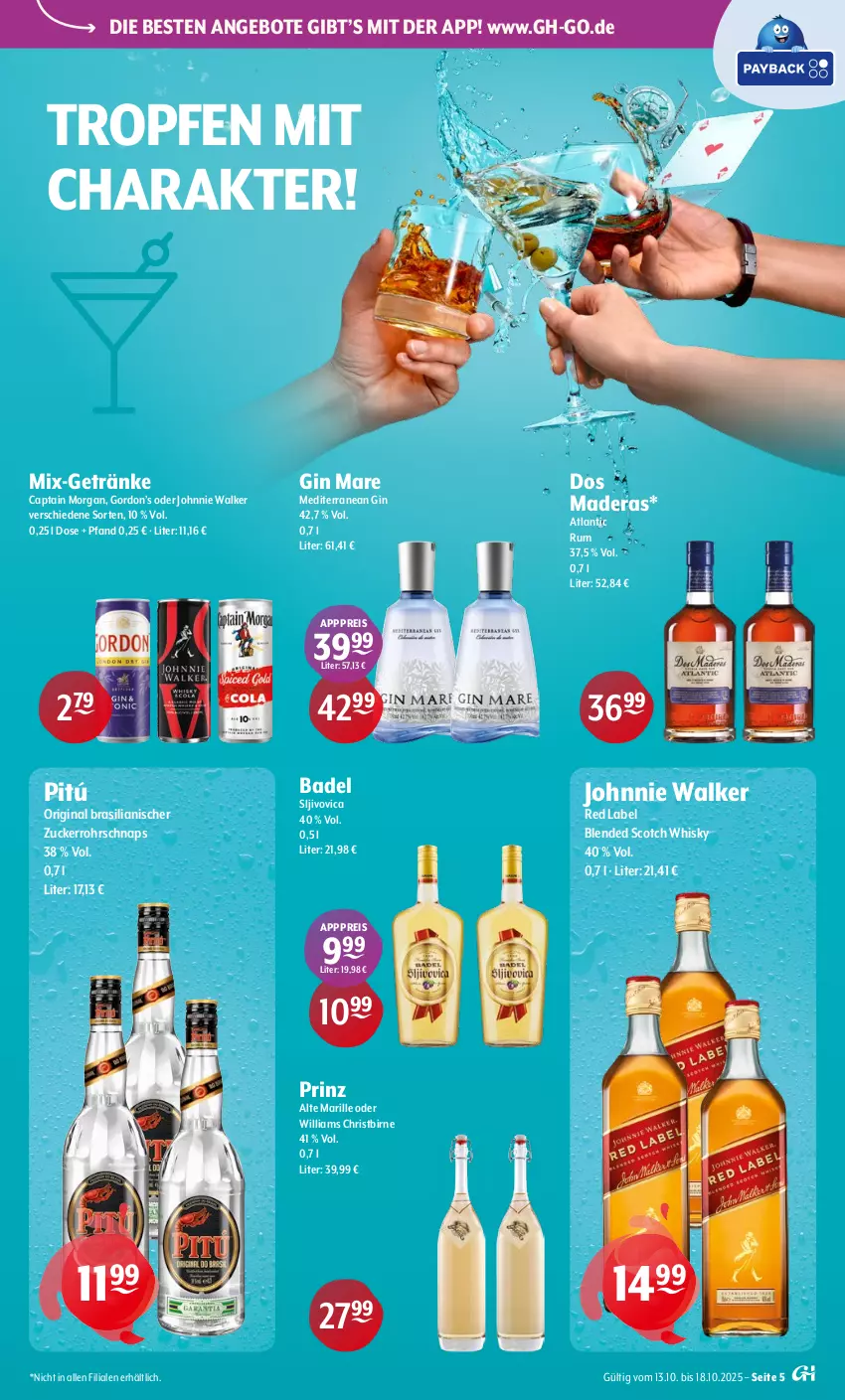 Aktueller Prospekt Getraenke Hoffmann - Prospekte - von 13.10 bis 18.10.2025 - strona 5 - produkty: angebot, angebote, Bad, blended scotch, blended scotch whisky, Cap, captain morgan, eis, getränk, getränke, gin, gin mare, gordon, Gordon’s, johnnie walker, reis, rum, scotch, scotch whisky, Ti, whisky, zucker