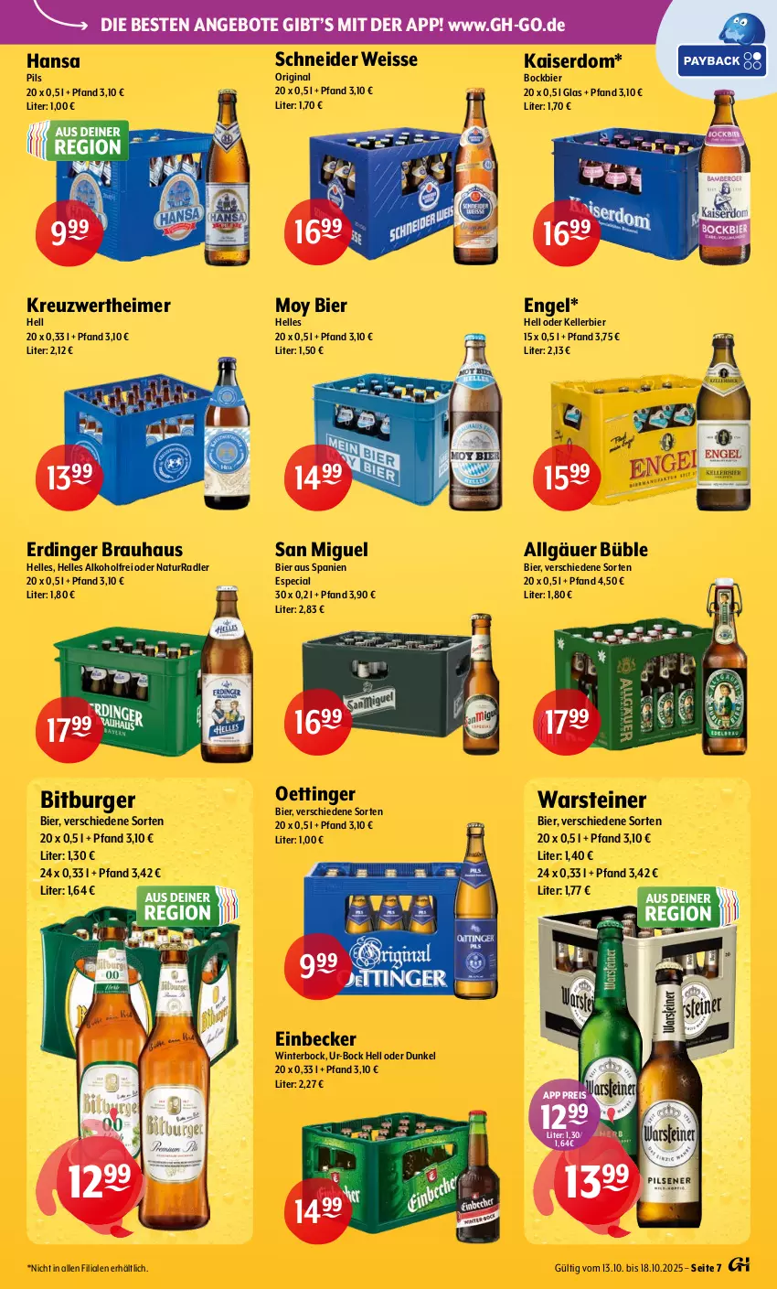 Aktueller Prospekt Getraenke Hoffmann - Prospekte - von 13.10 bis 18.10.2025 - strona 7 - produkty: alkohol, angebot, angebote, bier, bitburger, burger, eimer, eis, elle, Engel, erdinger, gin, Kaiser, kellerbier, LG, Moy Bier, natur, oettinger, pils, radler, reis, steiner, Ti, warsteiner