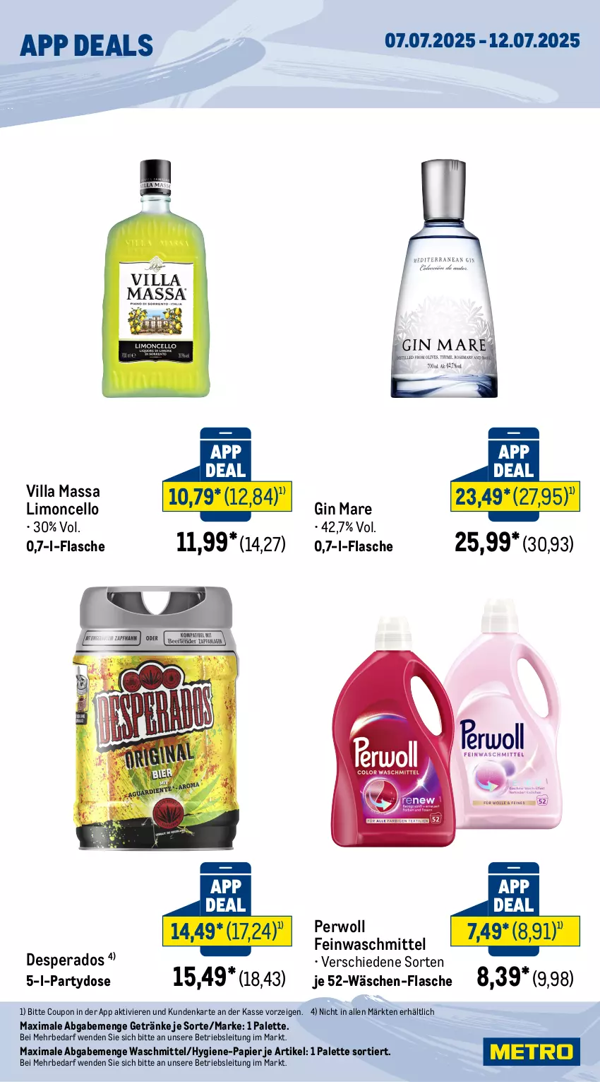 Aktueller Prospekt Metro - App Deals - von 07.07 bis 12.07.2025 - strona 2 - produkty: coupon, desperados, feinwaschmittel, flasche, getränk, getränke, gin, gin mare, limo, Palette, papier, perwoll, Ti, waschmittel